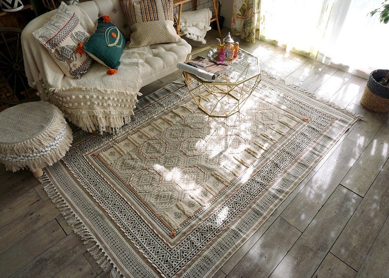 Detail of block-print on off white dhurrie rug — Art Avenue