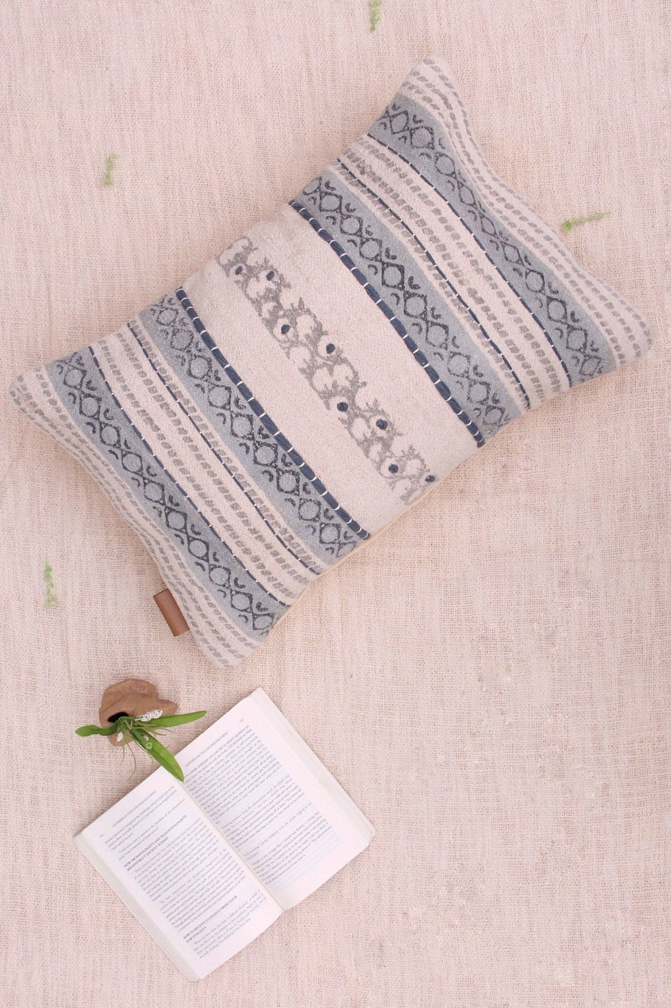 Breaker Block-Printed Embroidered Lumbar Cushion Cover — Ivory — Art Avenue