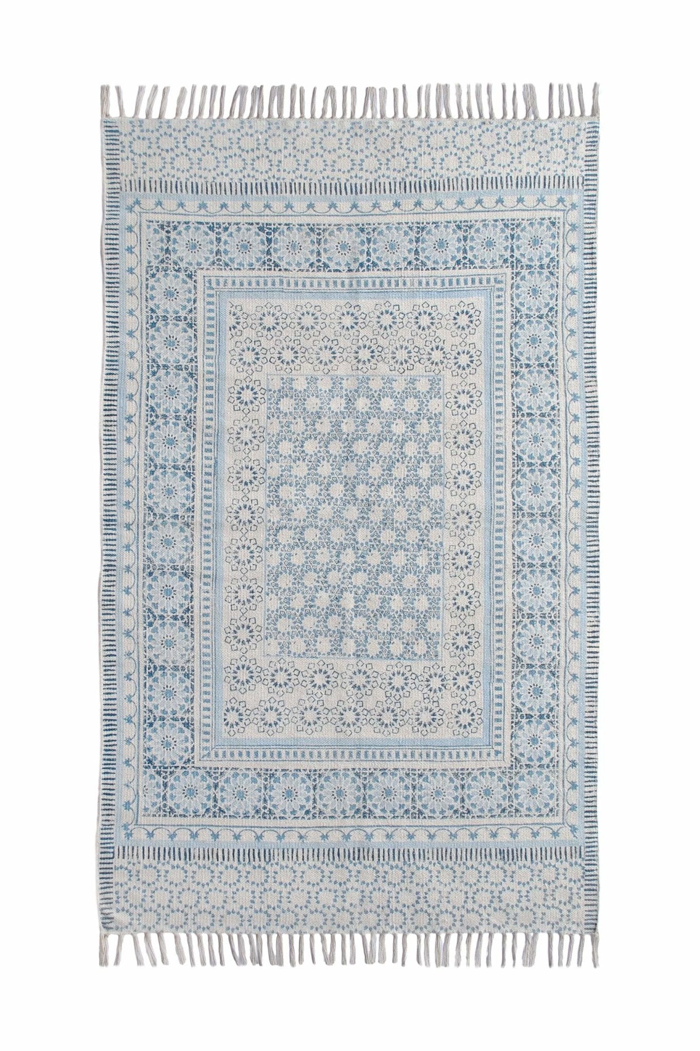Block-Printed Cotton Dhurrie Rug in Blue Floral Pattern — Art Avenue