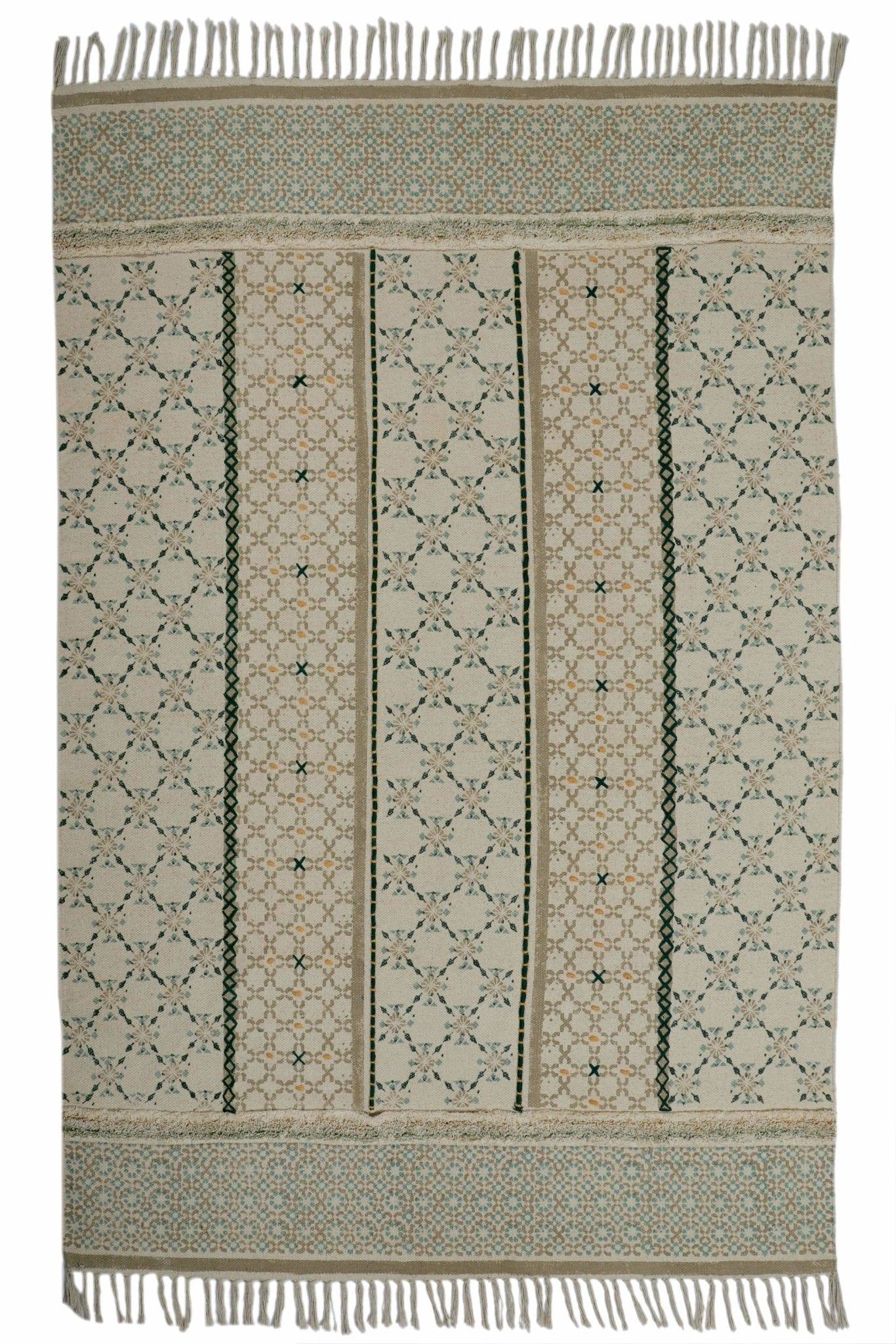 Block-Printed Cotton Dhurrie Rug in Green Floral — Art Avenue