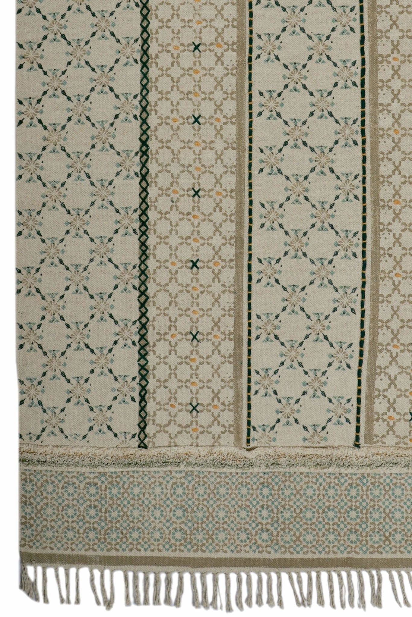 Block-printed cotton dhurrie rug in room setting — Art Avenue