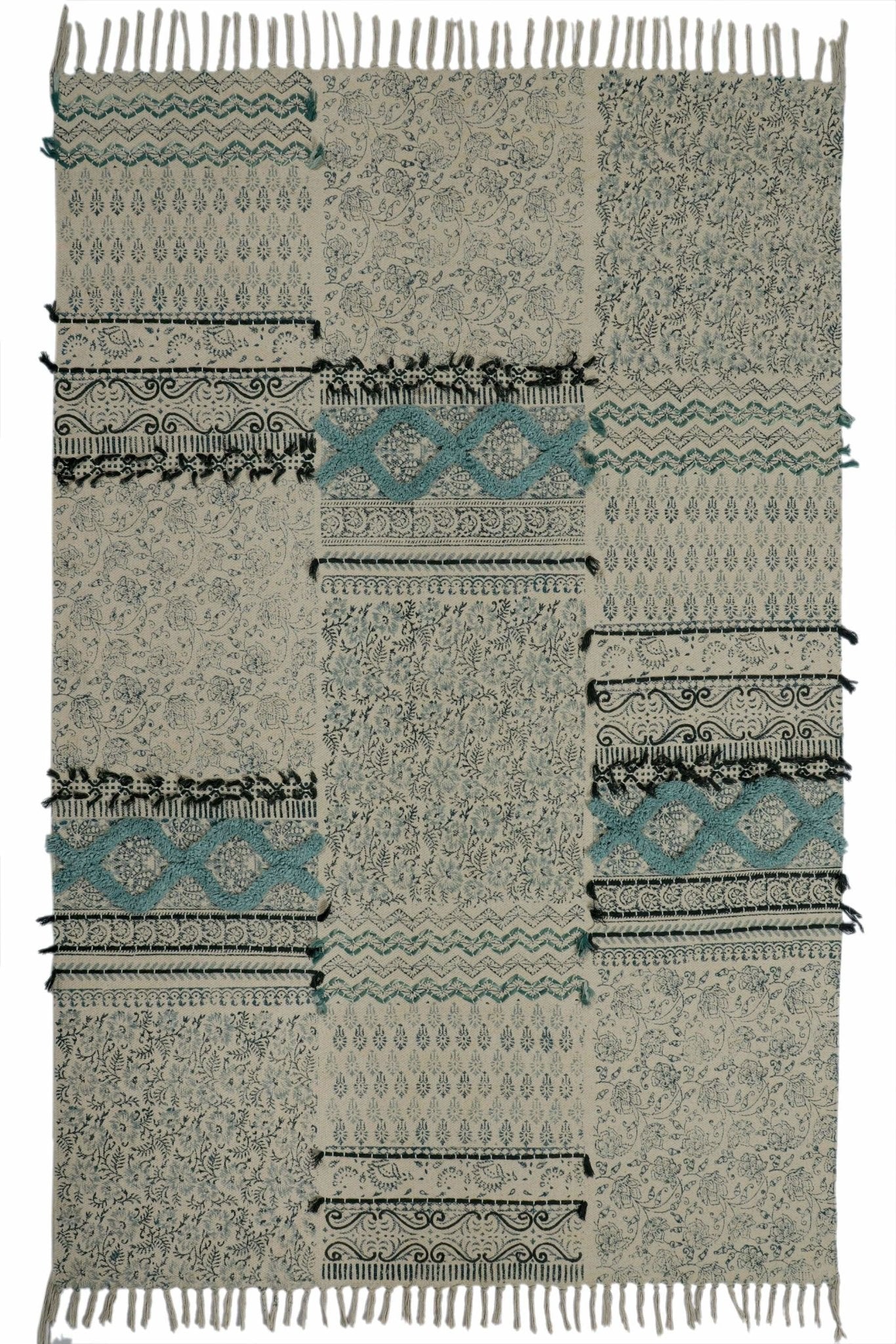 Block-Printed Cotton Dhurrie Rug in Blue Floral — Art Avenue