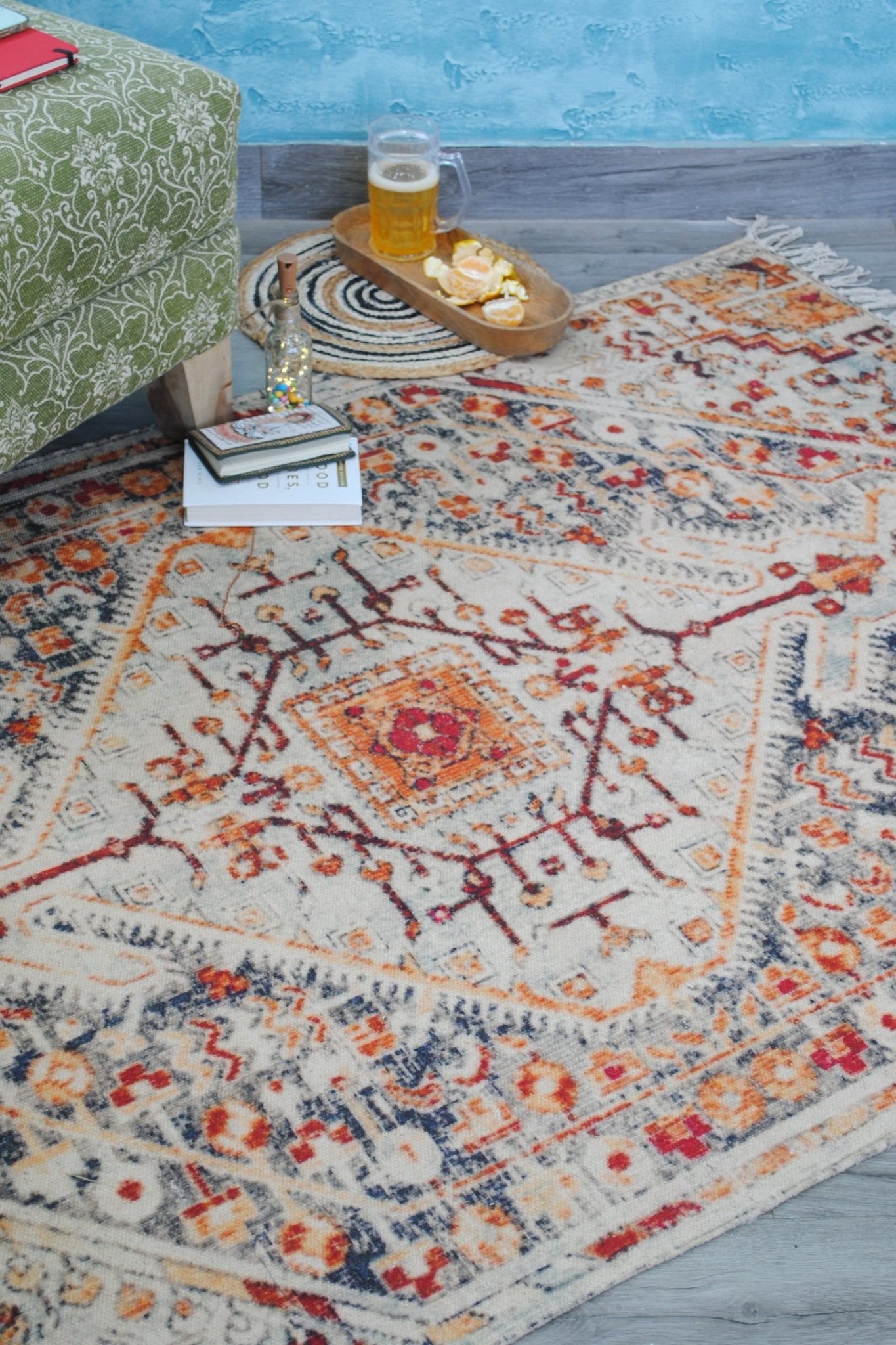 Hydrangea block-printed rug room setting — Art Avenue India