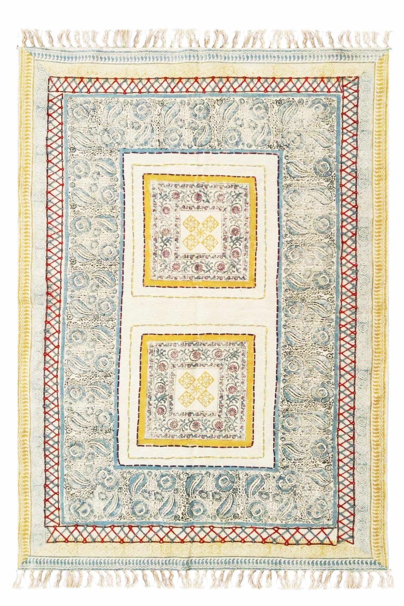 Block-Printed Cotton Dhurrie Rug in Blue & Yellow Traditional — Art Avenue