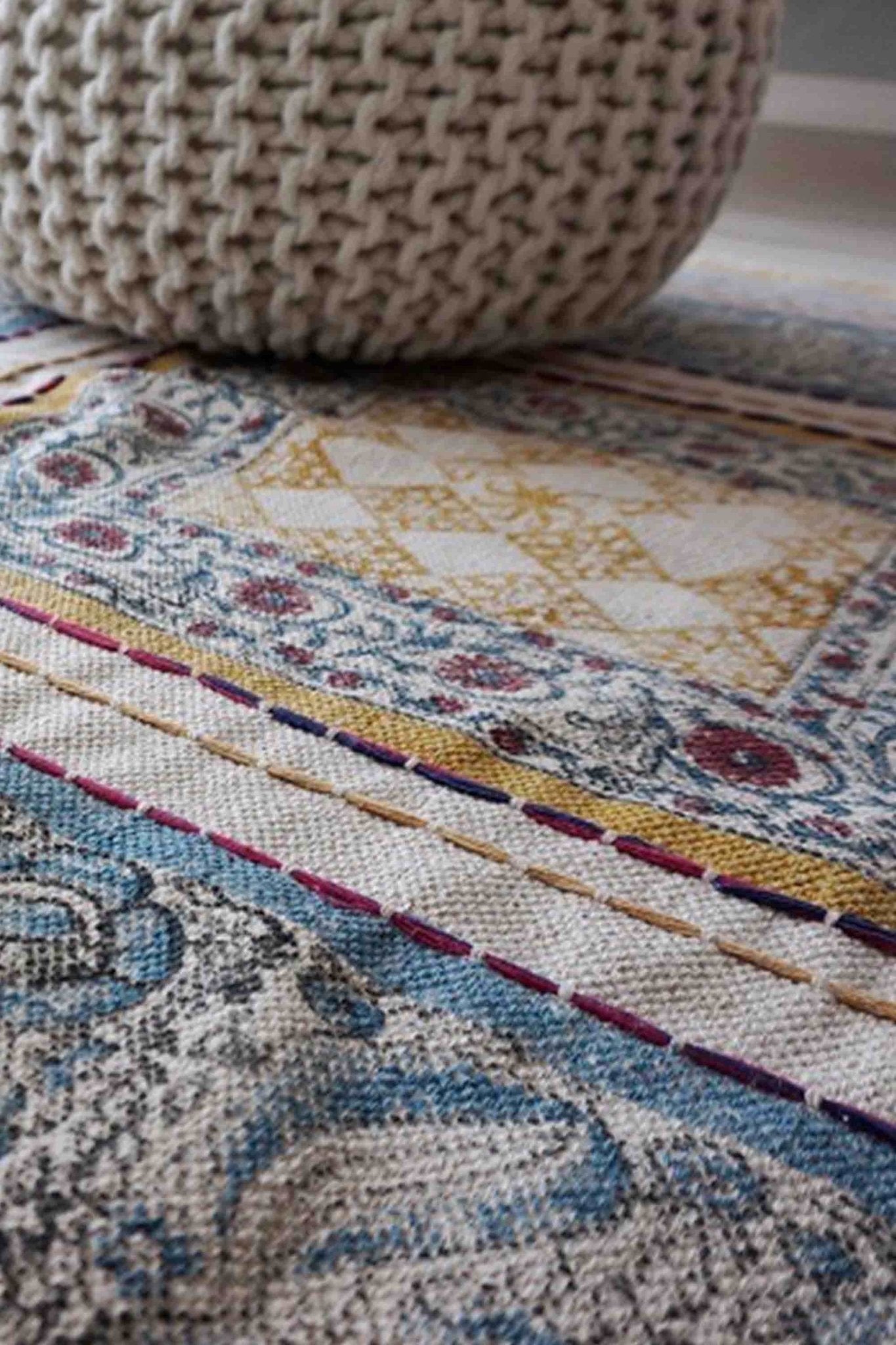 Jolly Block-Printed Cotton Dhurrie Rug in Blue & Orange — Art Avenue