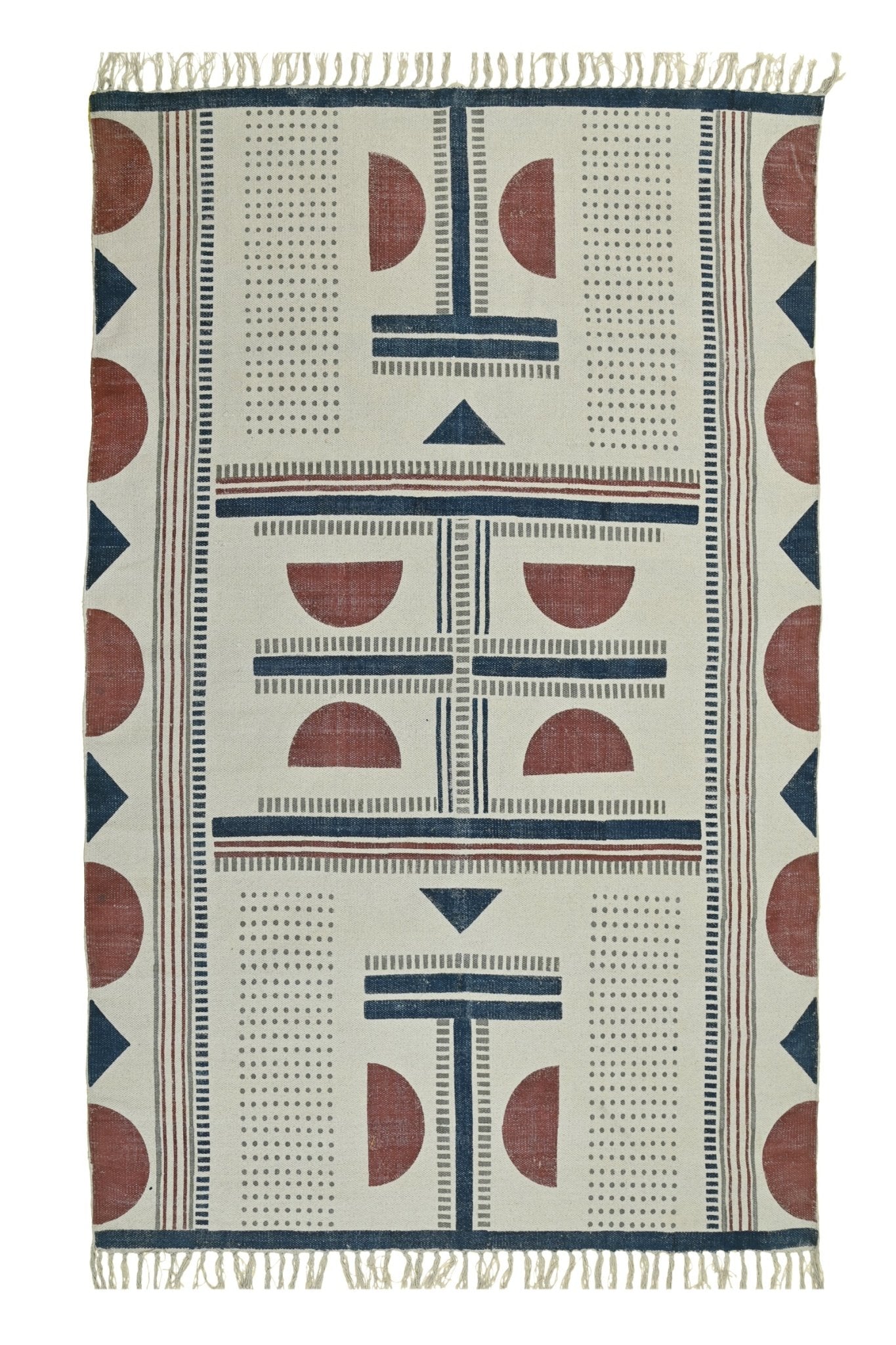 Karnika Block-Printed Cotton Dhurrie Rug in Blue & Maroon — Art Avenue