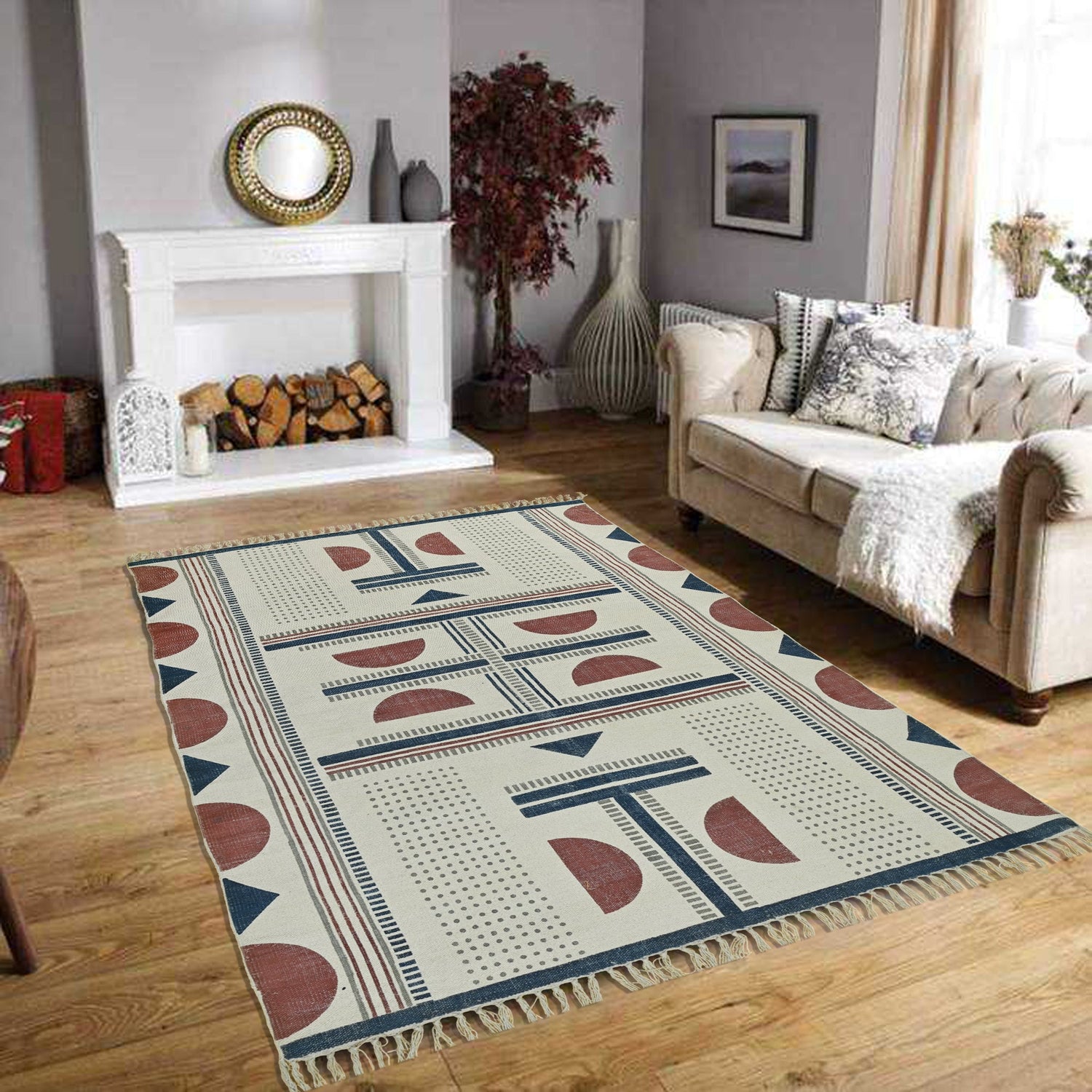 Detail of block-print on blue and maroon dhurrie rug — Art Avenue