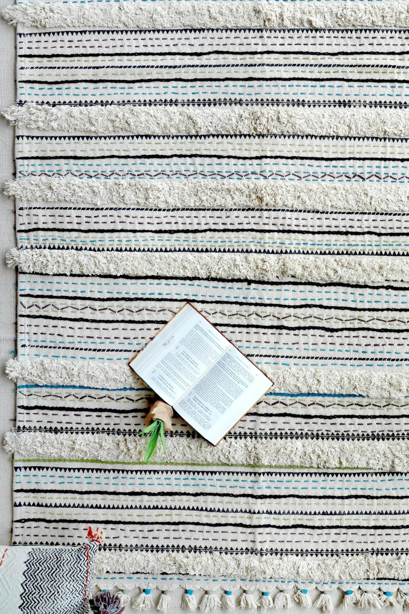 Khandela hand-embroidered rug — off white handmade in Jaipur