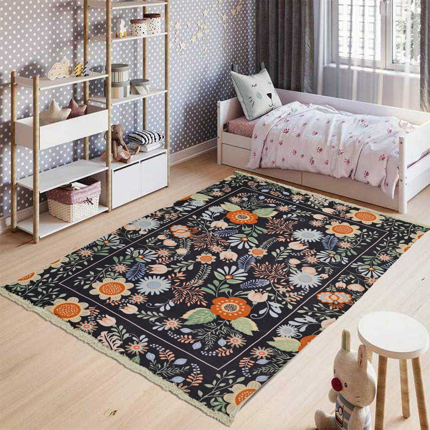 Laser block-printed rug room setting — Art Avenue India