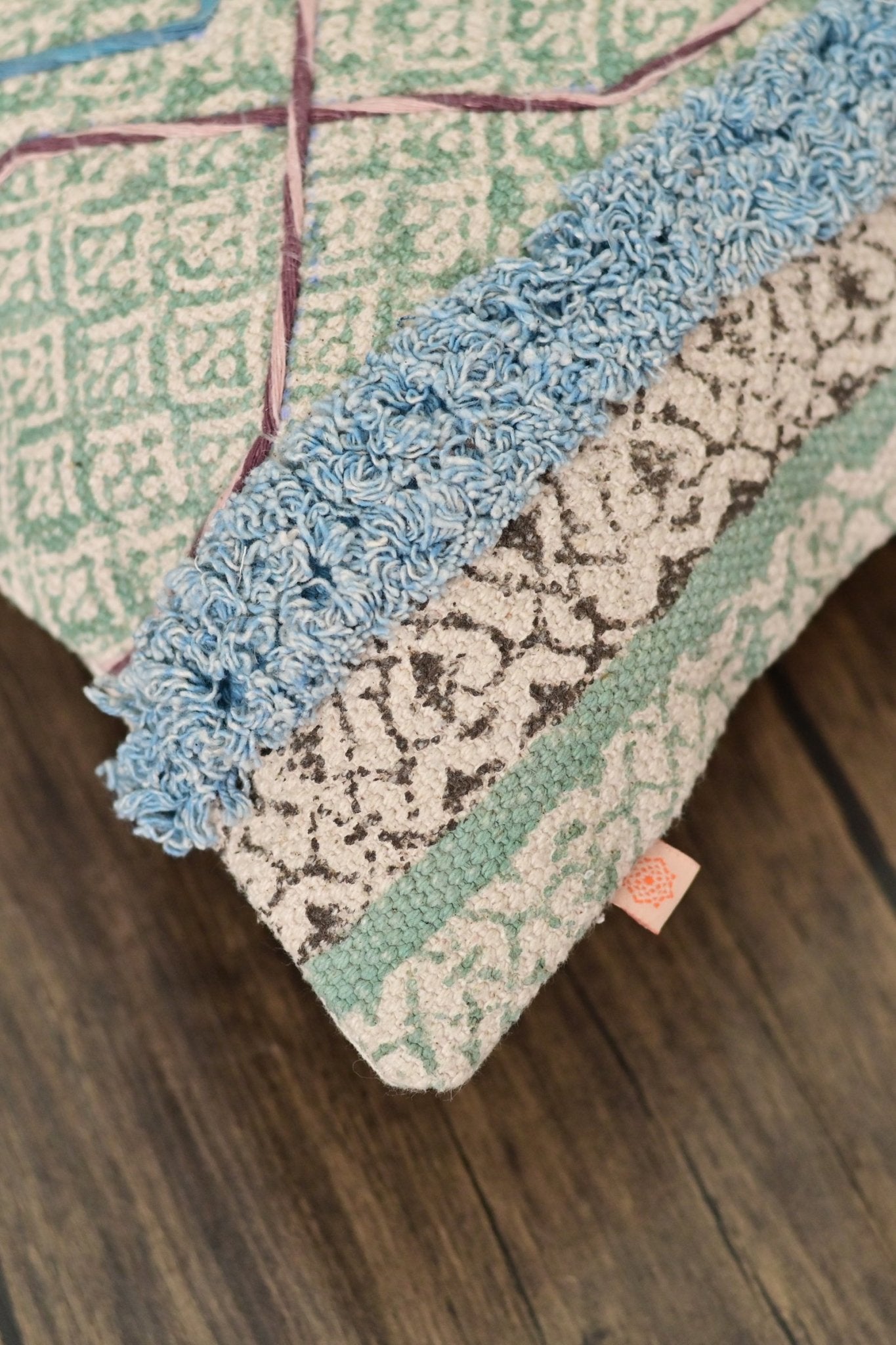 Detail of block-print on blue square cushion cover — Art Avenue