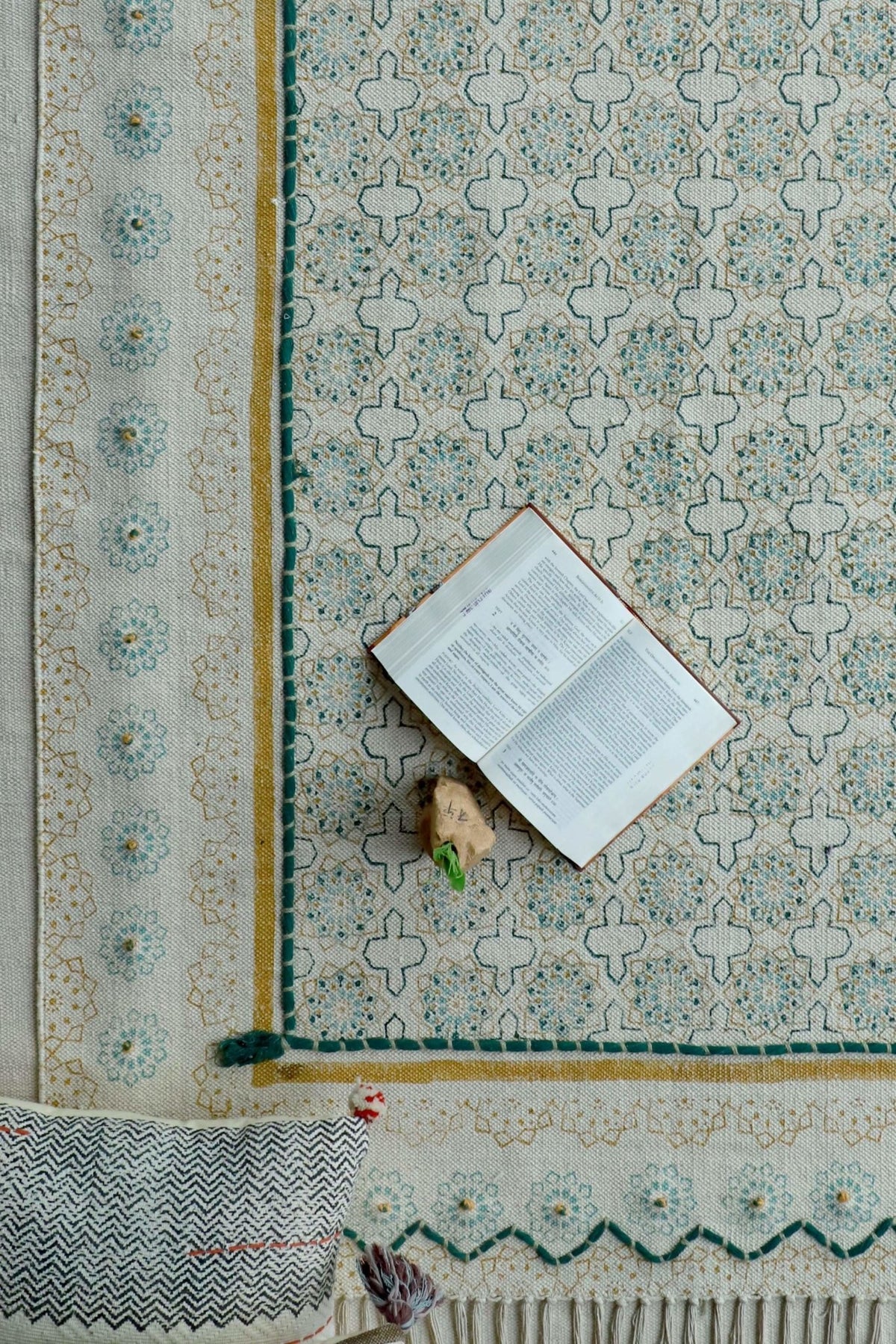 Malpura Block-Printed Cotton Dhurrie Rug in Green — Art Avenue