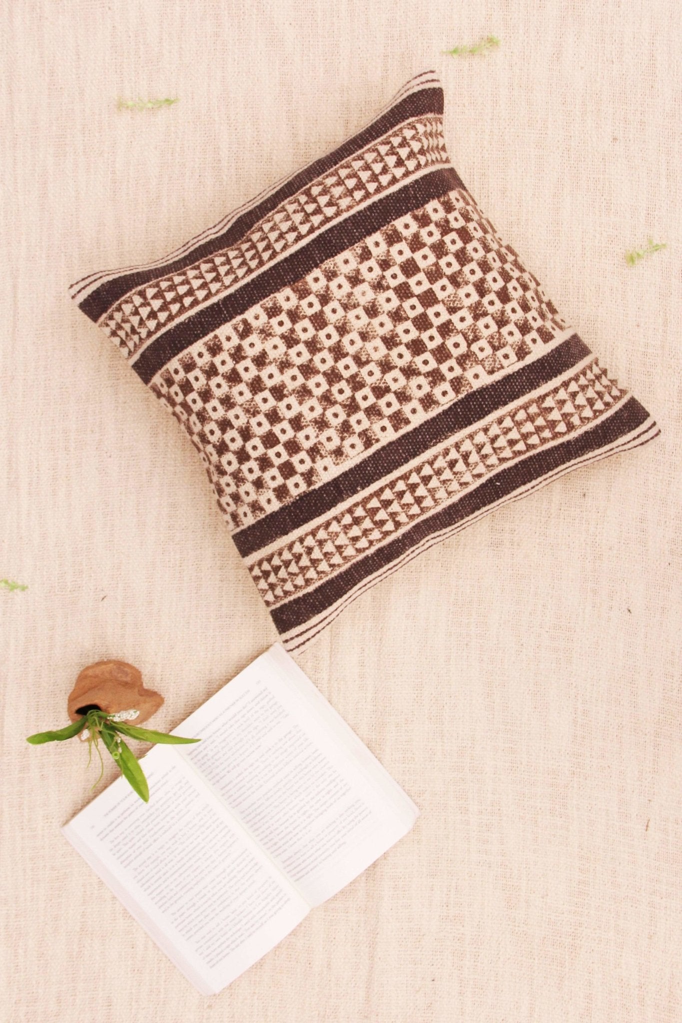 Metro Block-Printed Square Cushion Cover — Brown — Art Avenue