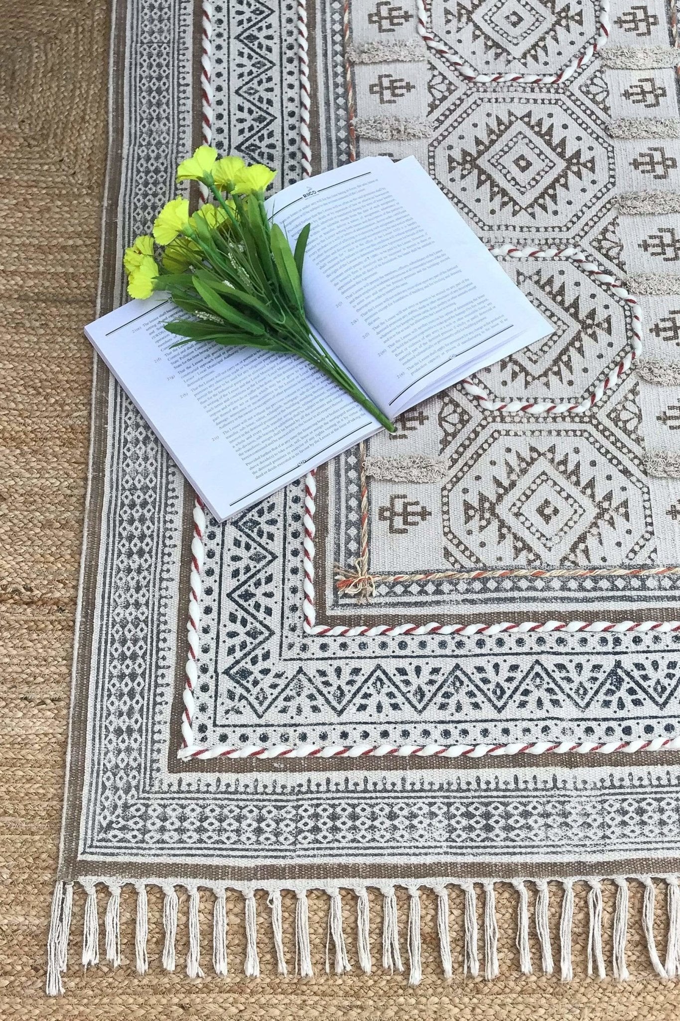 Block-printed cotton dhurrie rug in room setting — Art Avenue