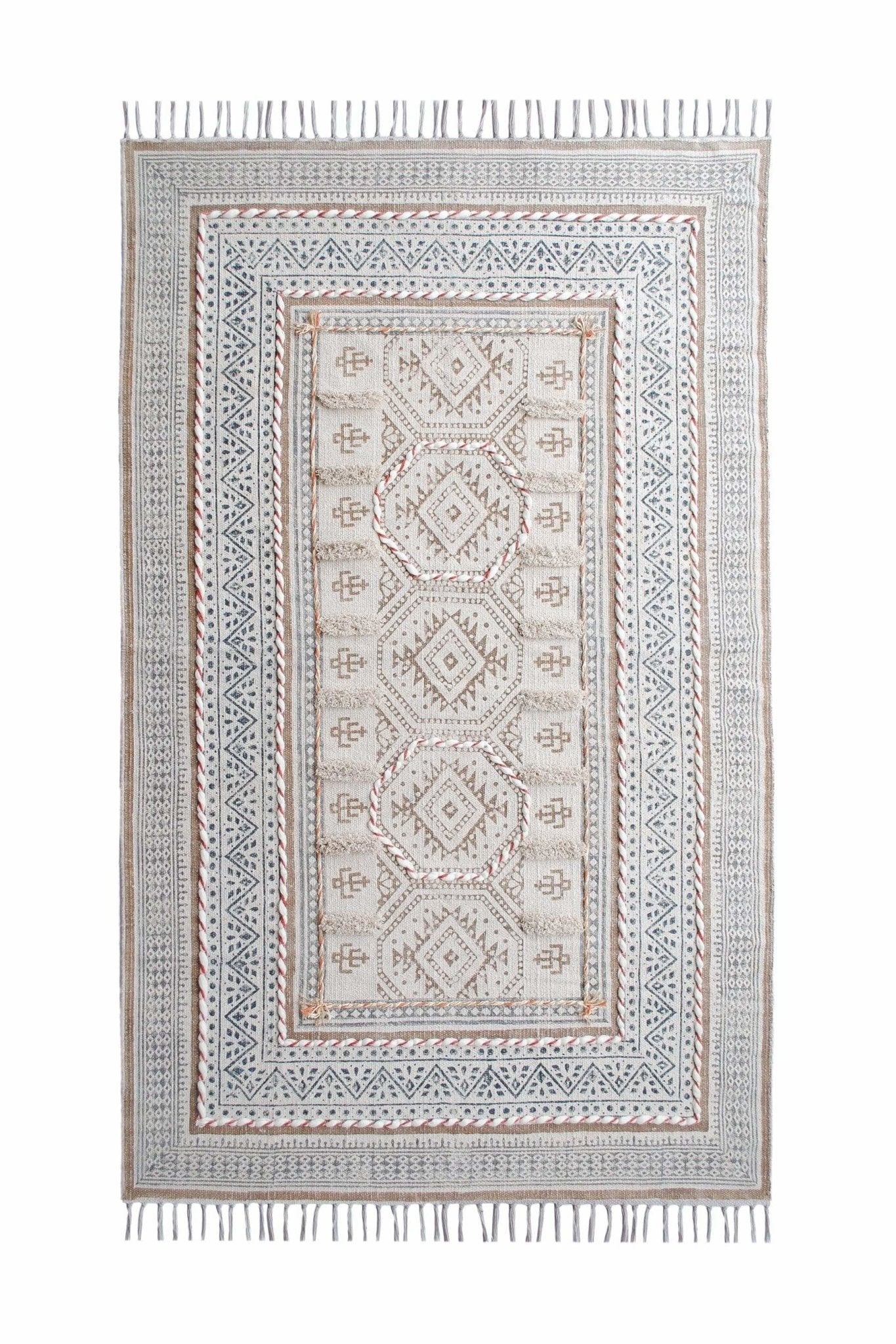 Block-Printed Cotton Dhurrie Rug in Off White Traditional — Art Avenue