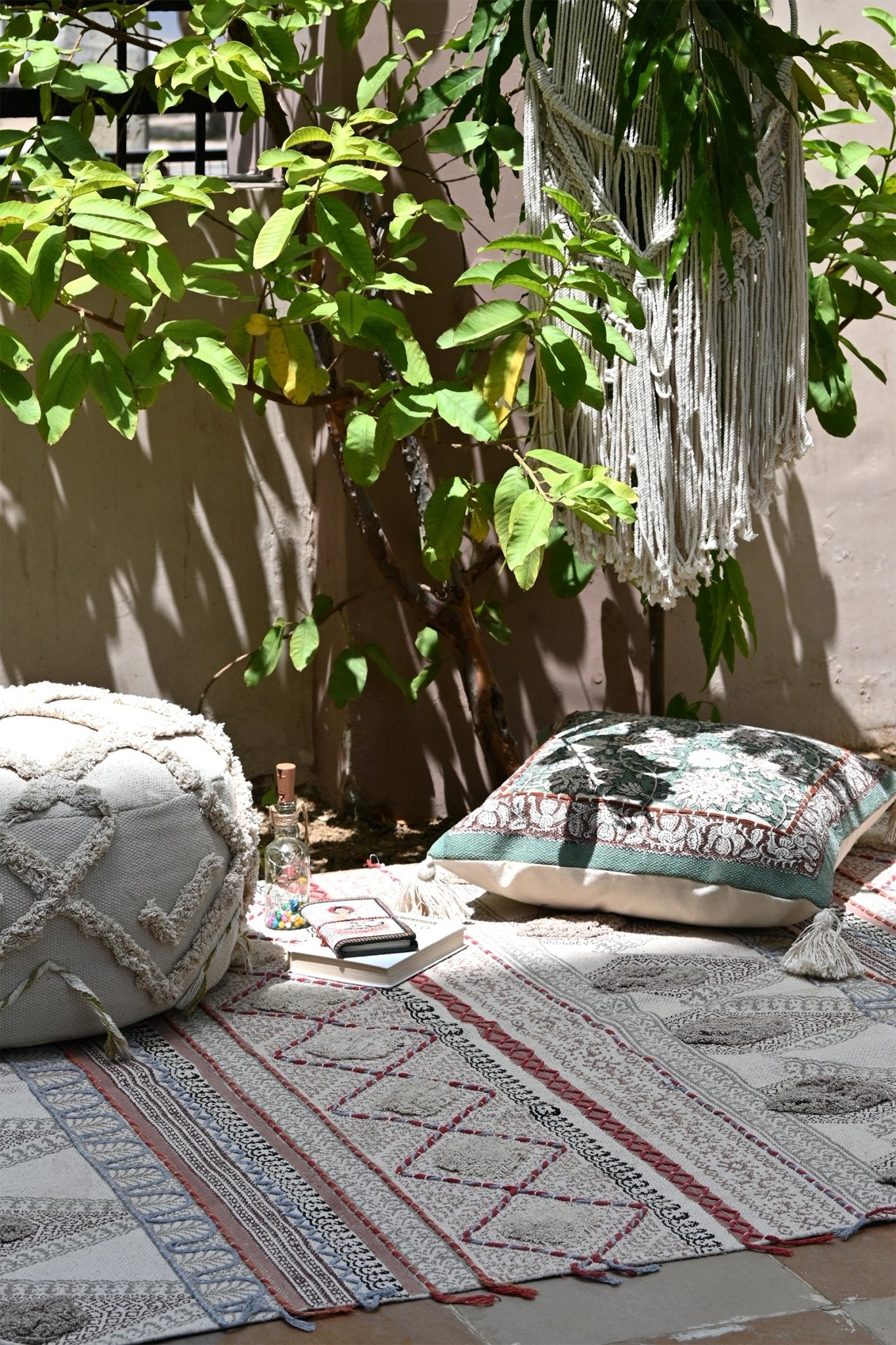 Block-printed cotton dhurrie rug in room setting — Art Avenue