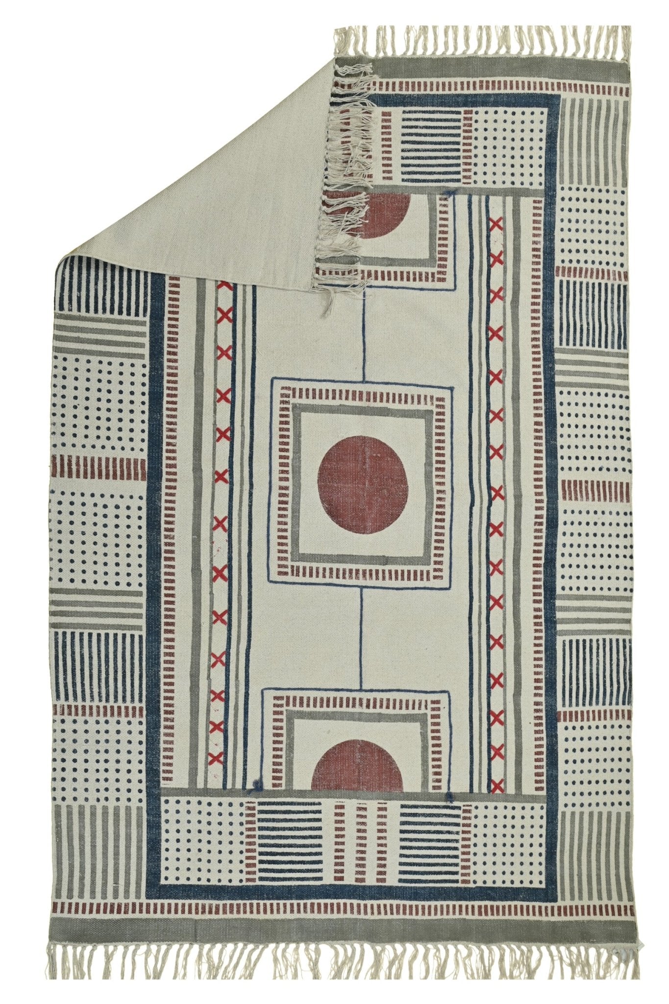 Narciss Block-Printed Cotton Dhurrie Rug — overhead view — Art Avenue