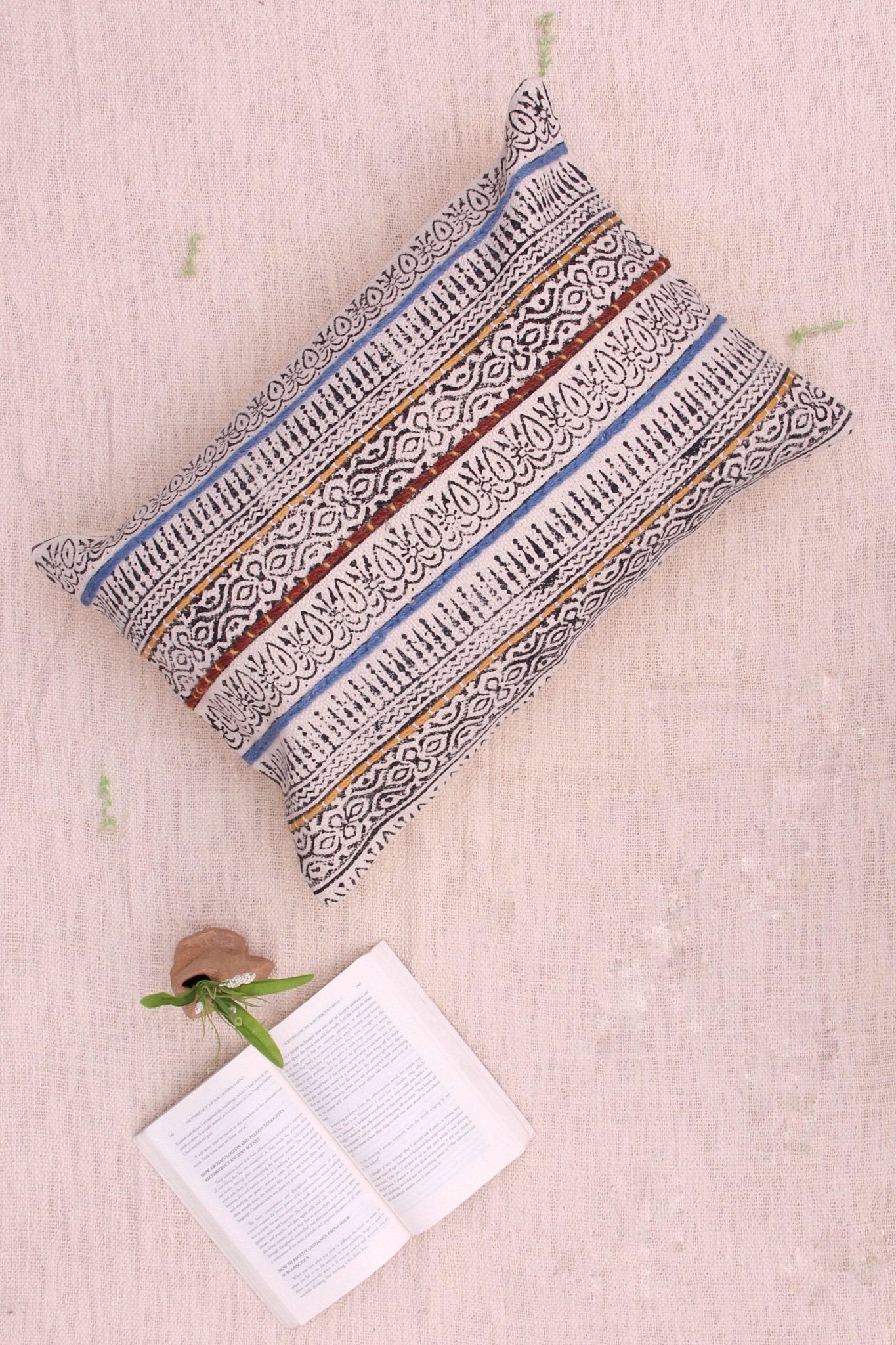 Road Block-Printed Embroidered Lumbar Cushion Cover — Black — Art Avenue