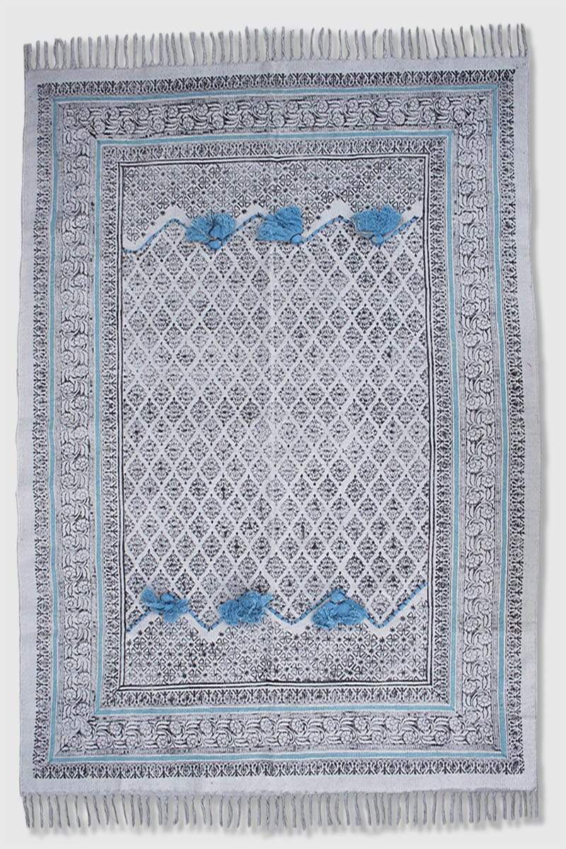 Detail of block-print on black and grey dhurrie rug — Art Avenue
