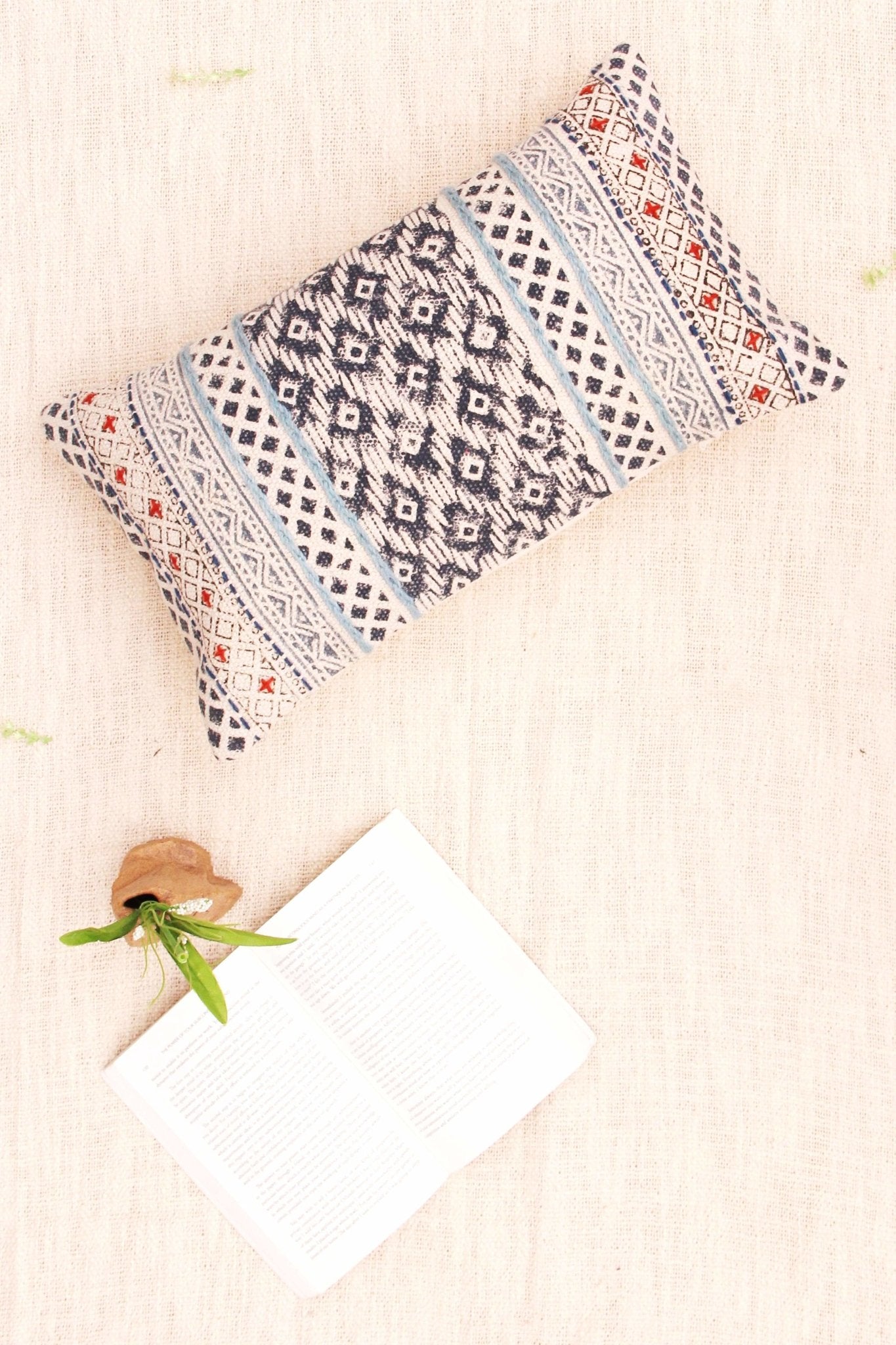 Rustic Block-Printed Embroidered Lumbar Cushion Cover — Blue — Art Avenue