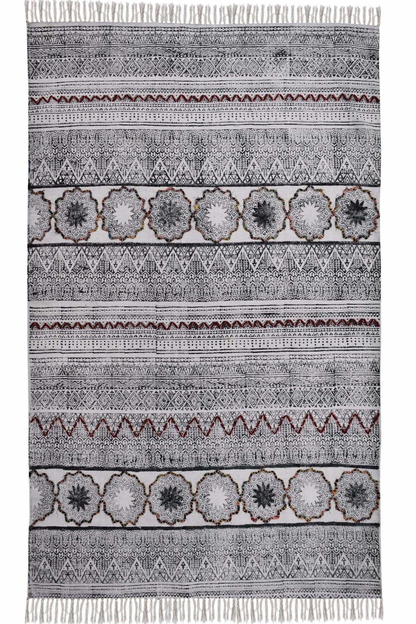 Block-Printed Cotton Dhurrie Rug in Black & White Traditional — Art Avenue