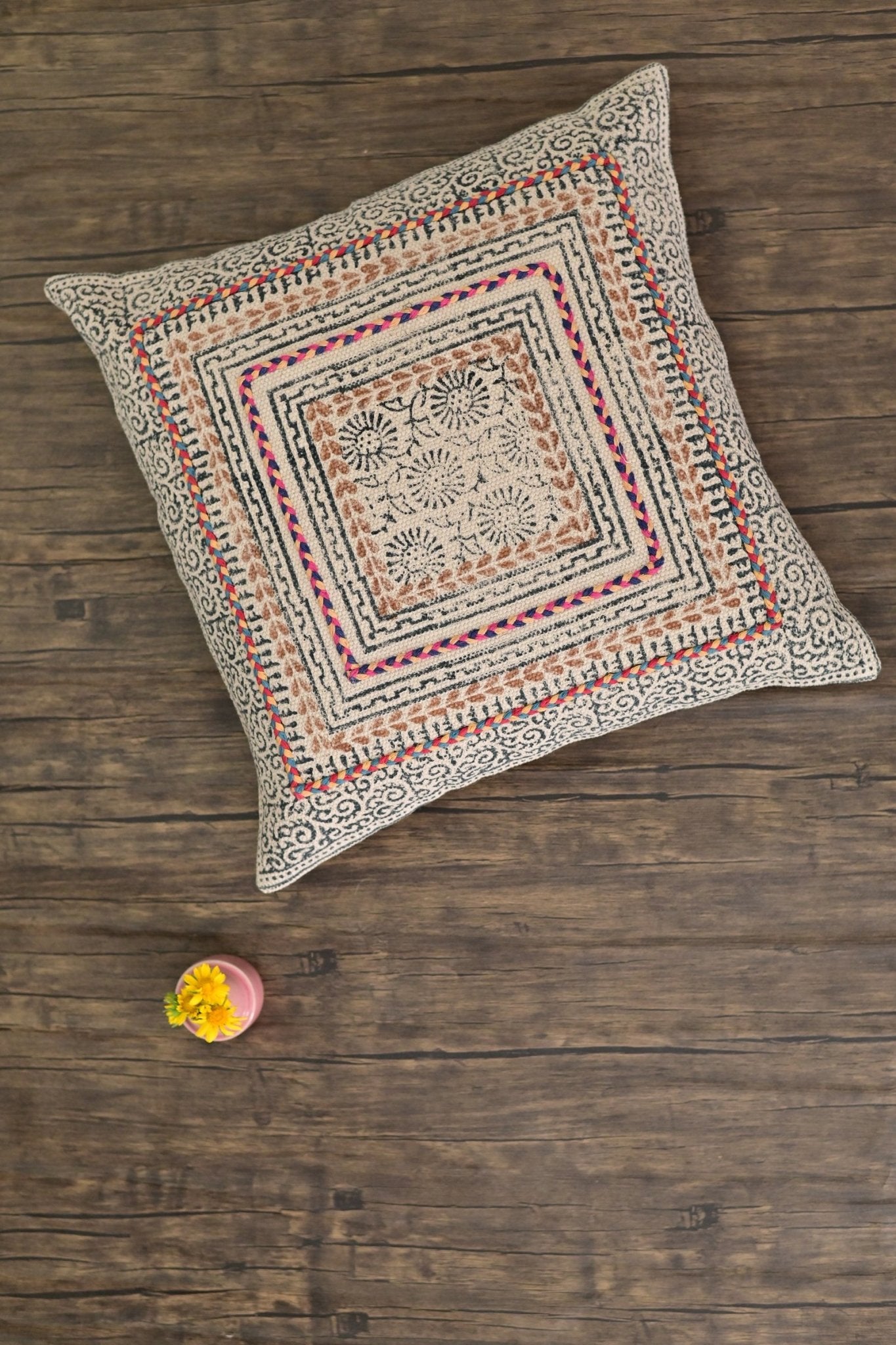 Samara Block-Printed Square Cushion Cover — Orange — Art Avenue