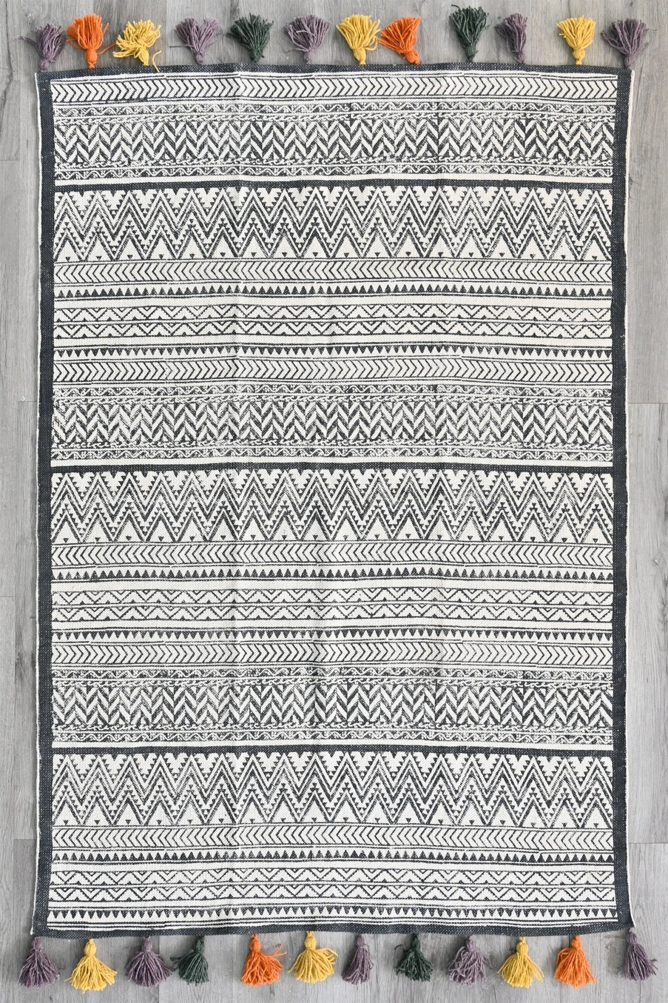 Block-Printed Cotton Dhurrie Rug in Black & White Modern — Art Avenue