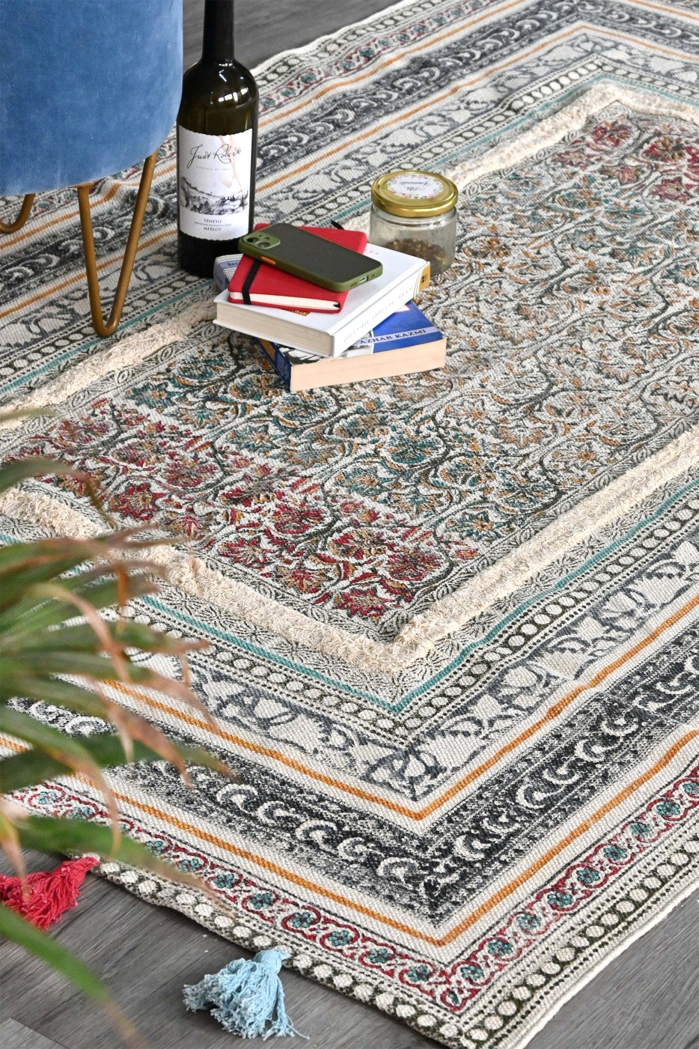Satiate Block-Printed Cotton Dhurrie Rug in Green — Art Avenue
