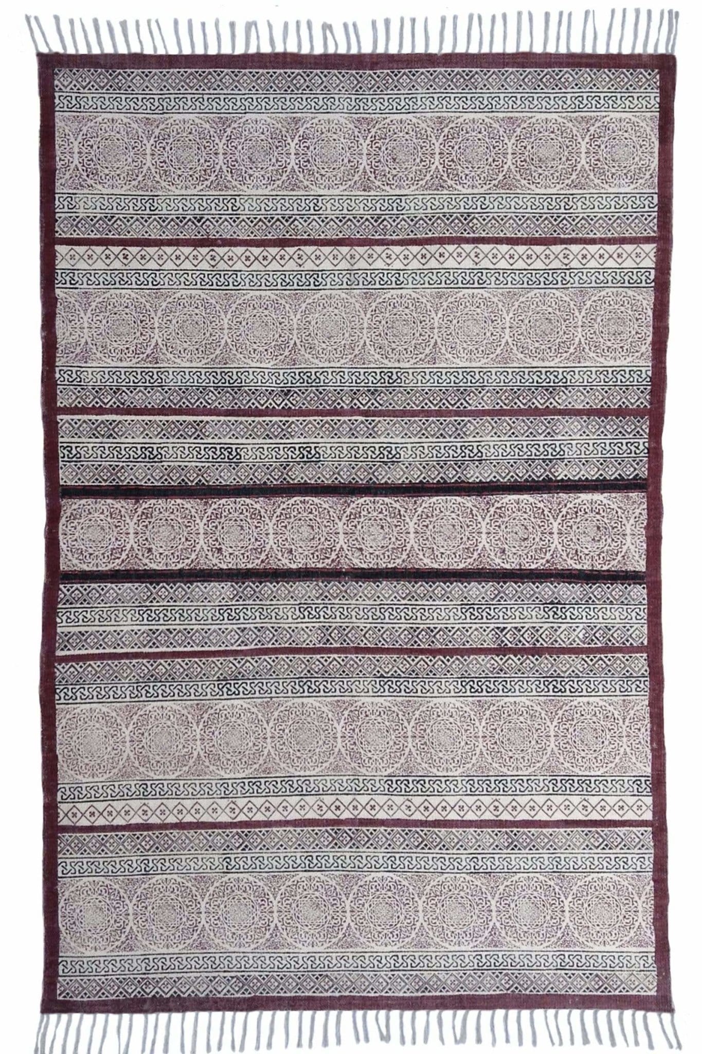 Scribe Block-Printed Cotton Dhurrie Rug in Maroon — Art Avenue