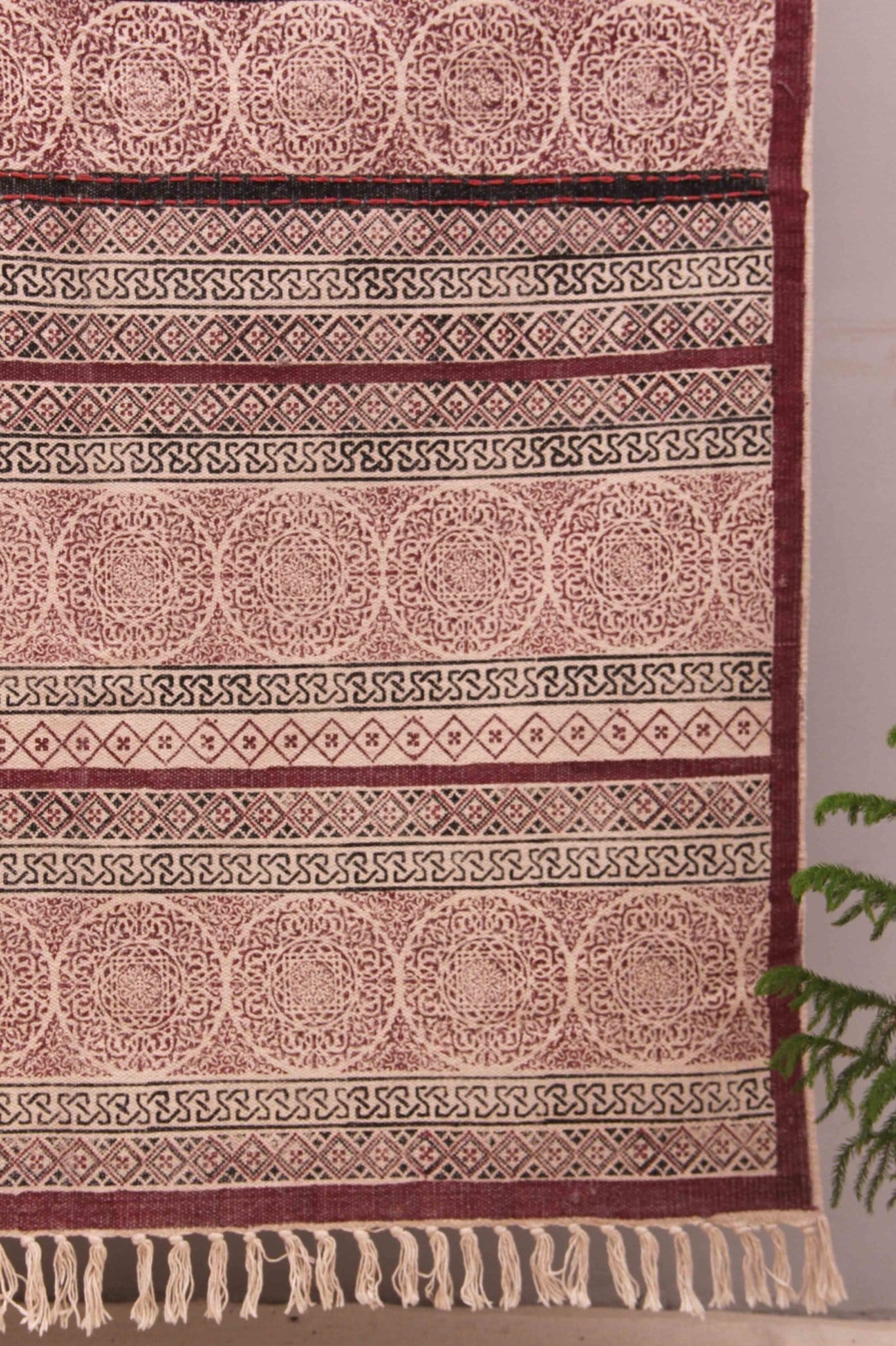 Block-printed cotton dhurrie rug in room setting — Art Avenue