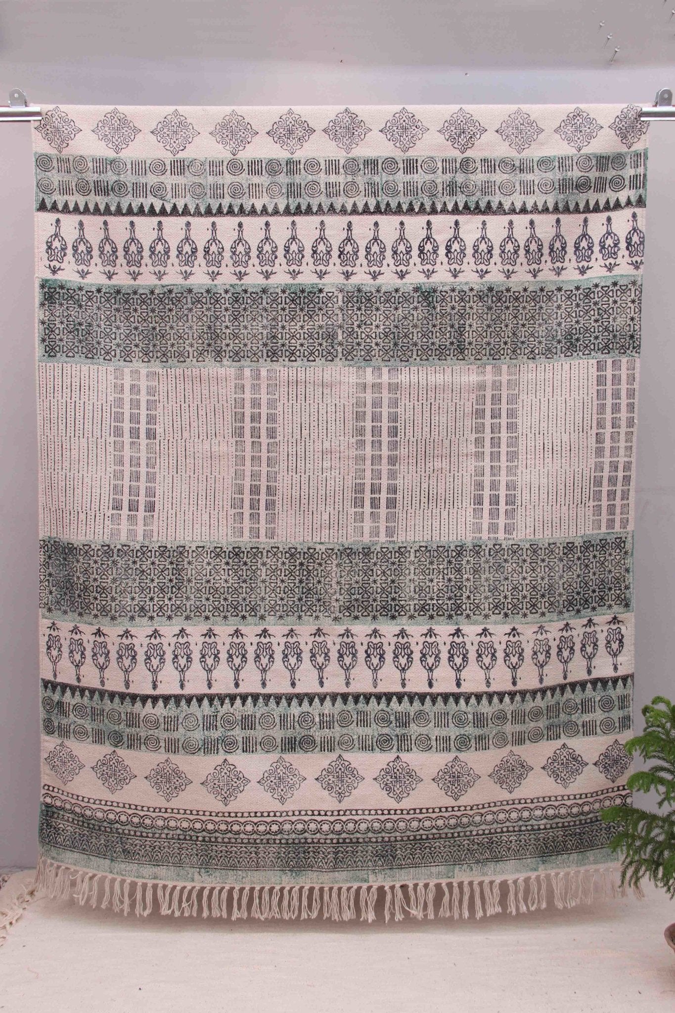 Block-Printed Cotton Dhurrie Rug in Green — Art Avenue