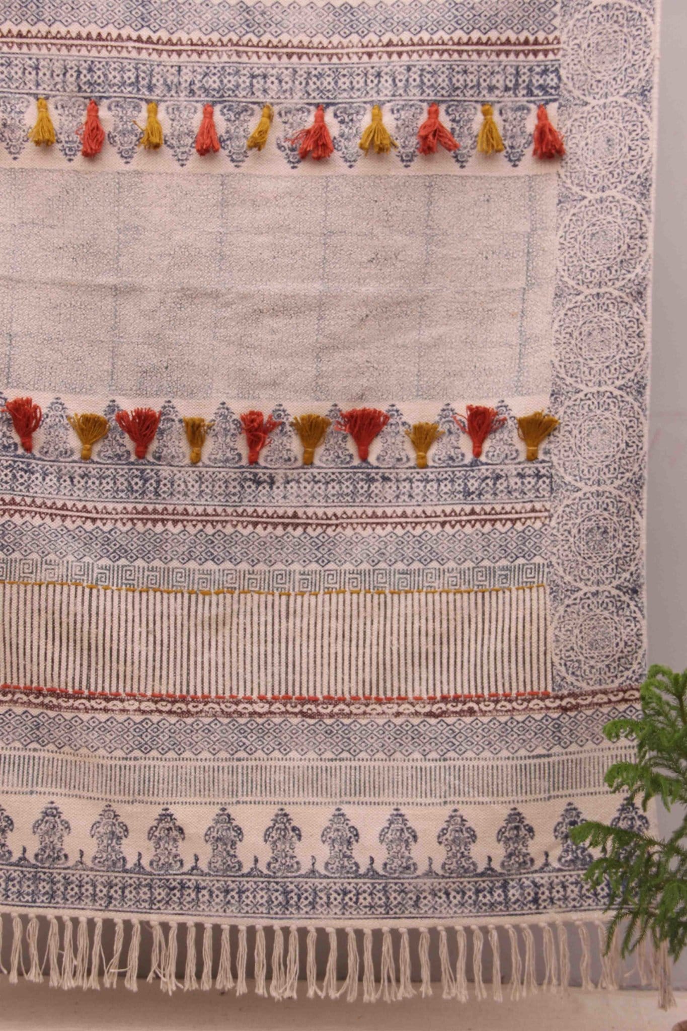 Block-printed cotton dhurrie rug in room setting — Art Avenue
