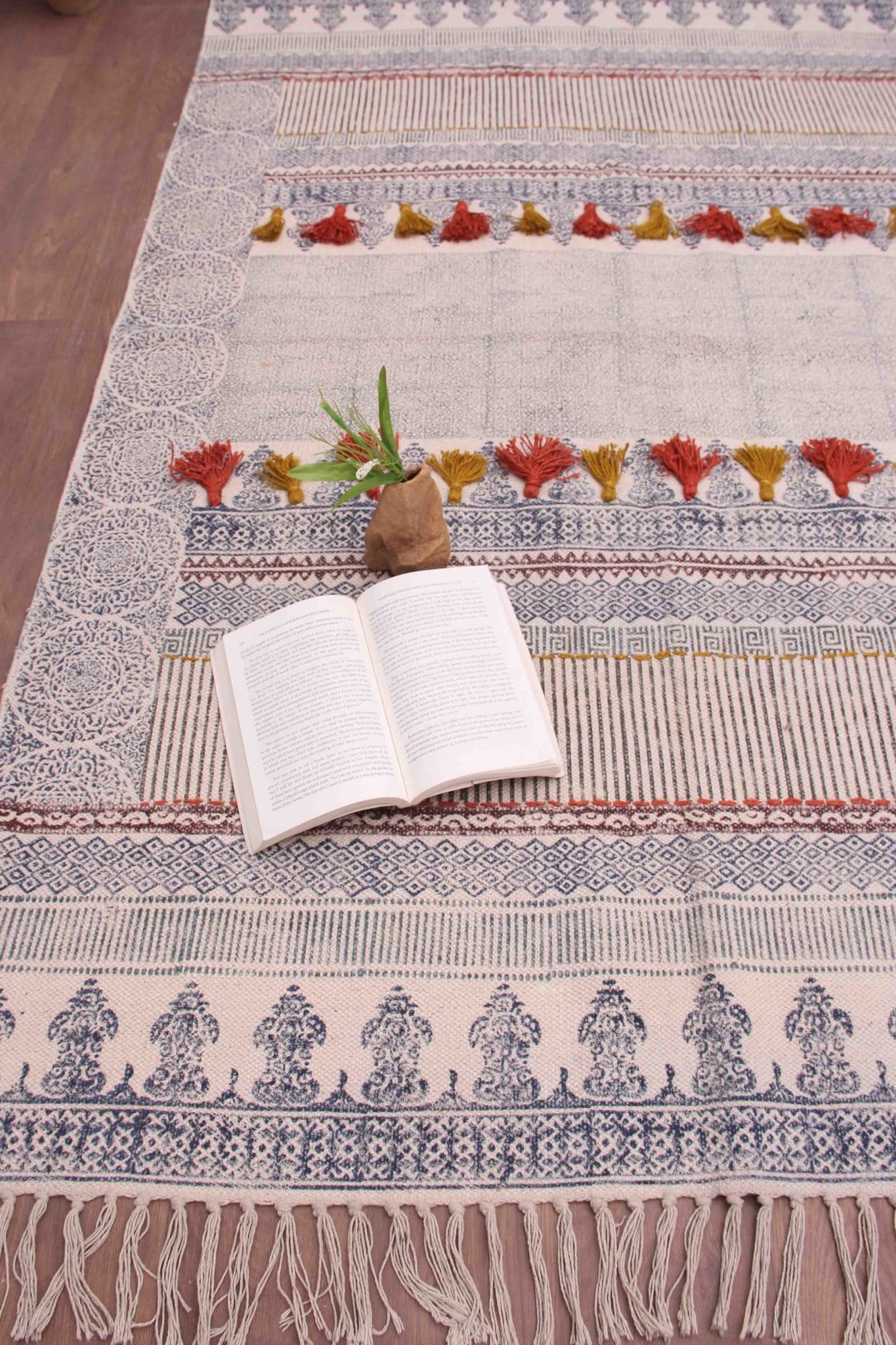 Detail of block-print on multicolour dhurrie rug — Art Avenue