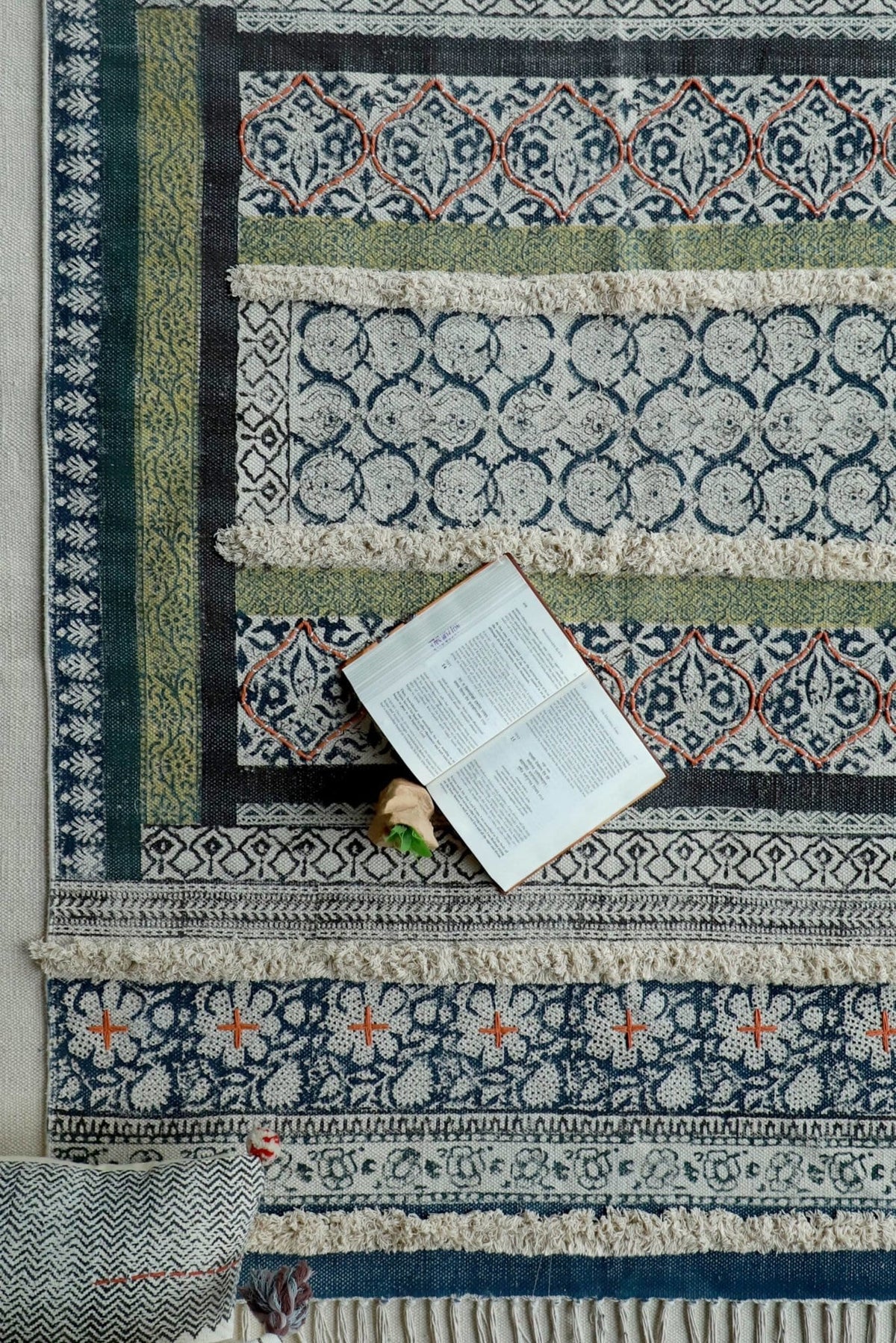Seekar Block-Printed Cotton Dhurrie Rug in Blue — Art Avenue