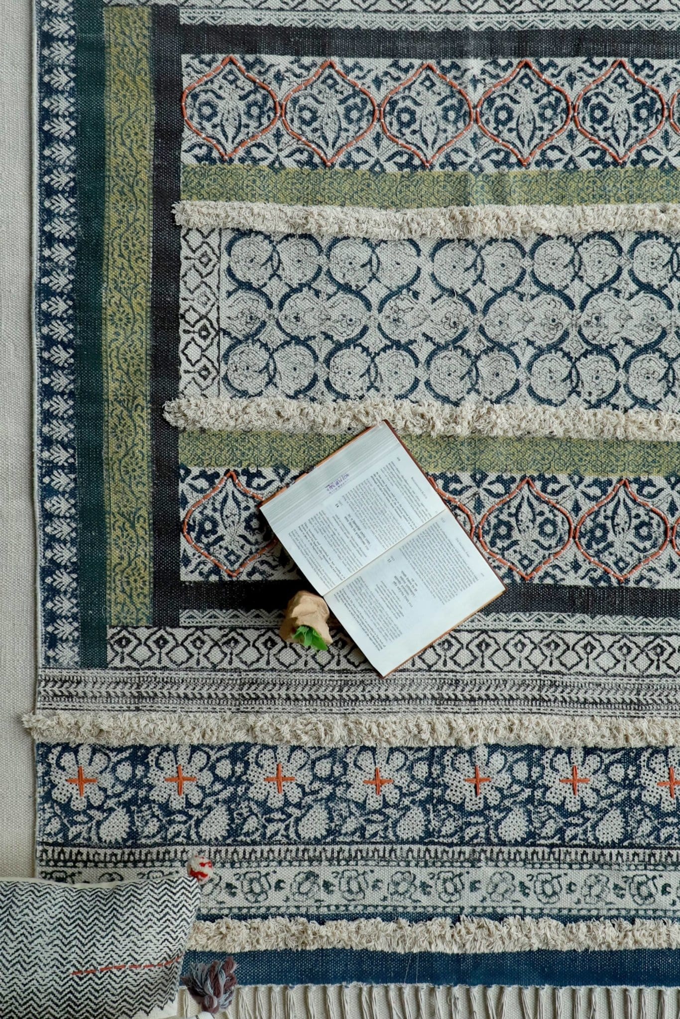 Seekar Block-Printed Cotton Dhurrie Rug in Blue — Art Avenue