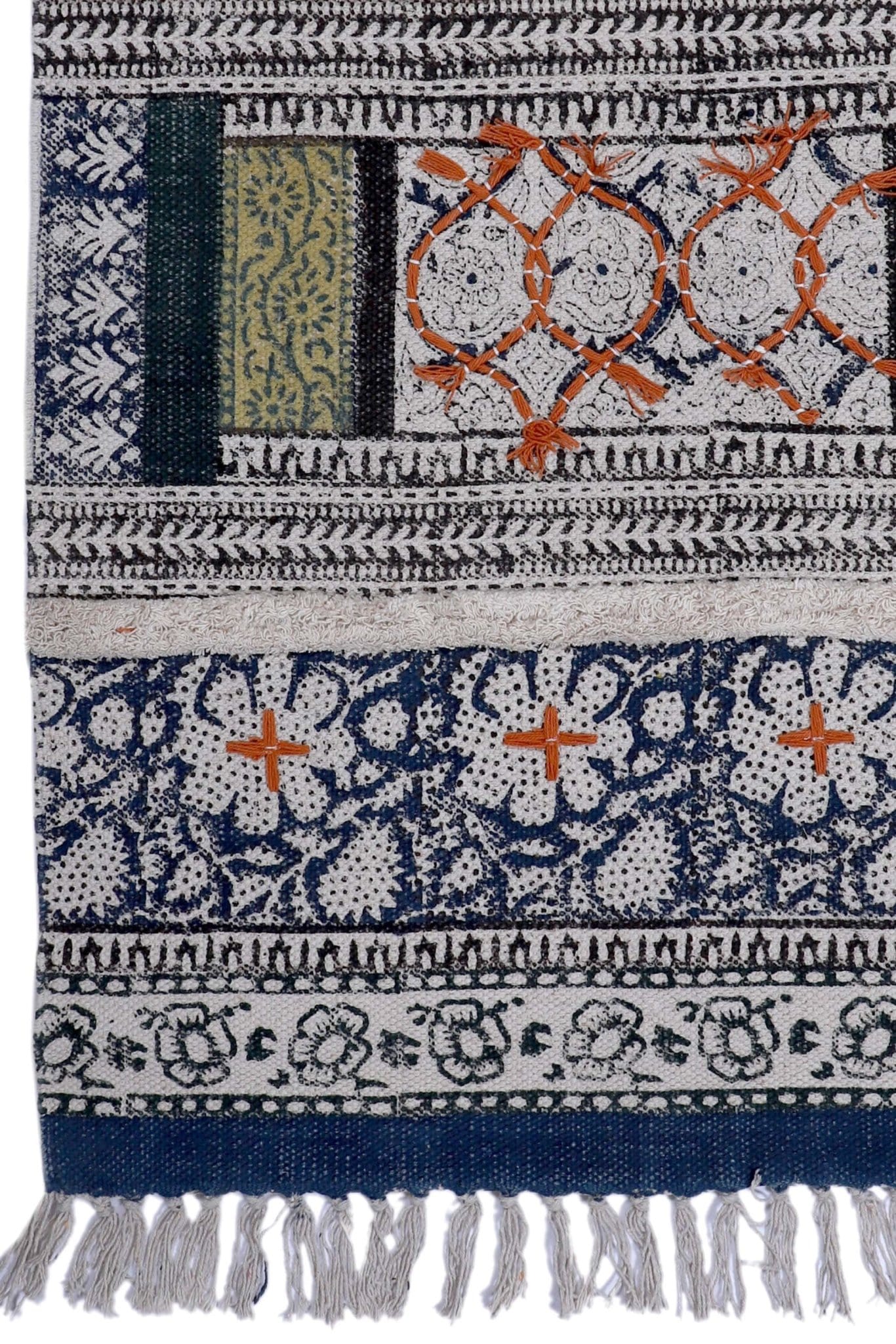 Block-printed cotton dhurrie rug in room setting — Art Avenue