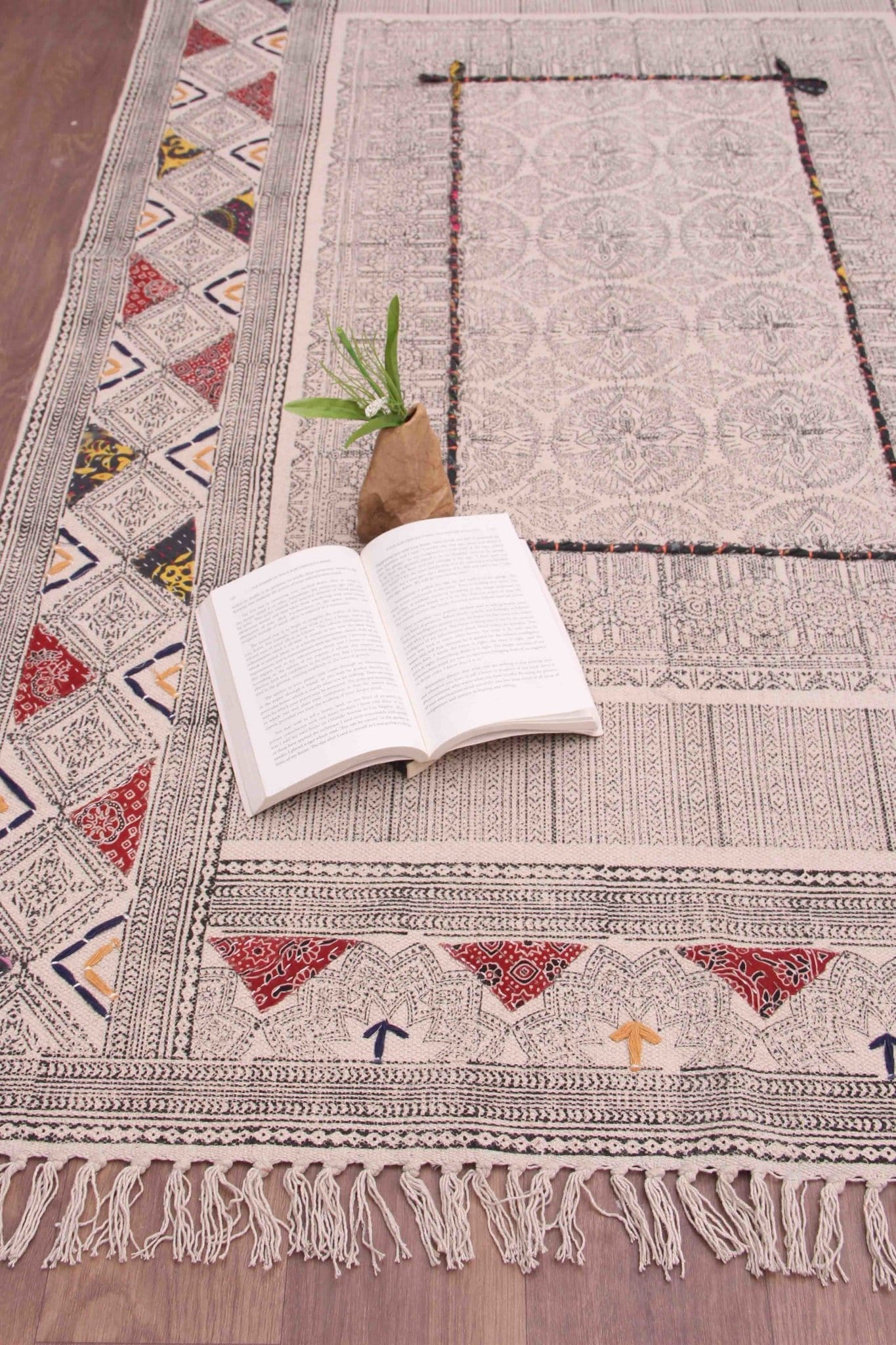 Detail of block-print on black dhurrie rug — Art Avenue