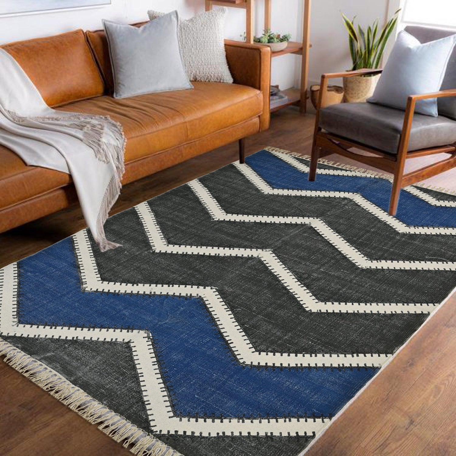Detail of block-print on black dhurrie rug — Art Avenue