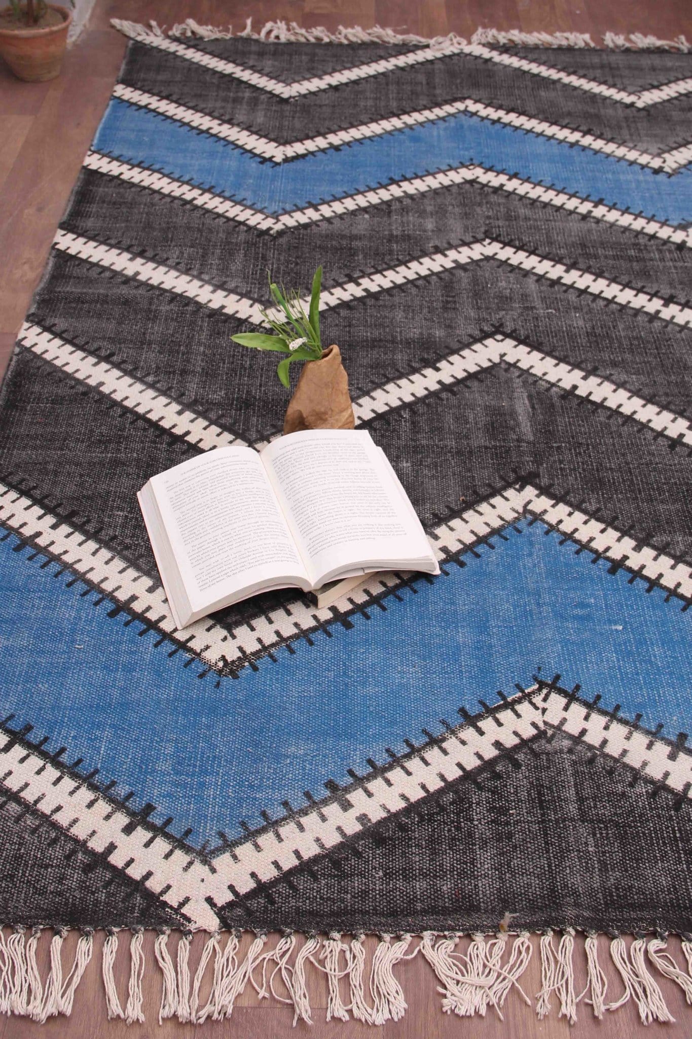 Selection Block-Printed Cotton Dhurrie Rug in Black — Art Avenue
