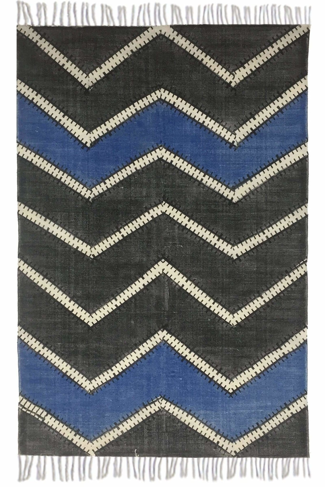 Block-Printed Cotton Dhurrie Rug in Black & Blue Modern — Art Avenue