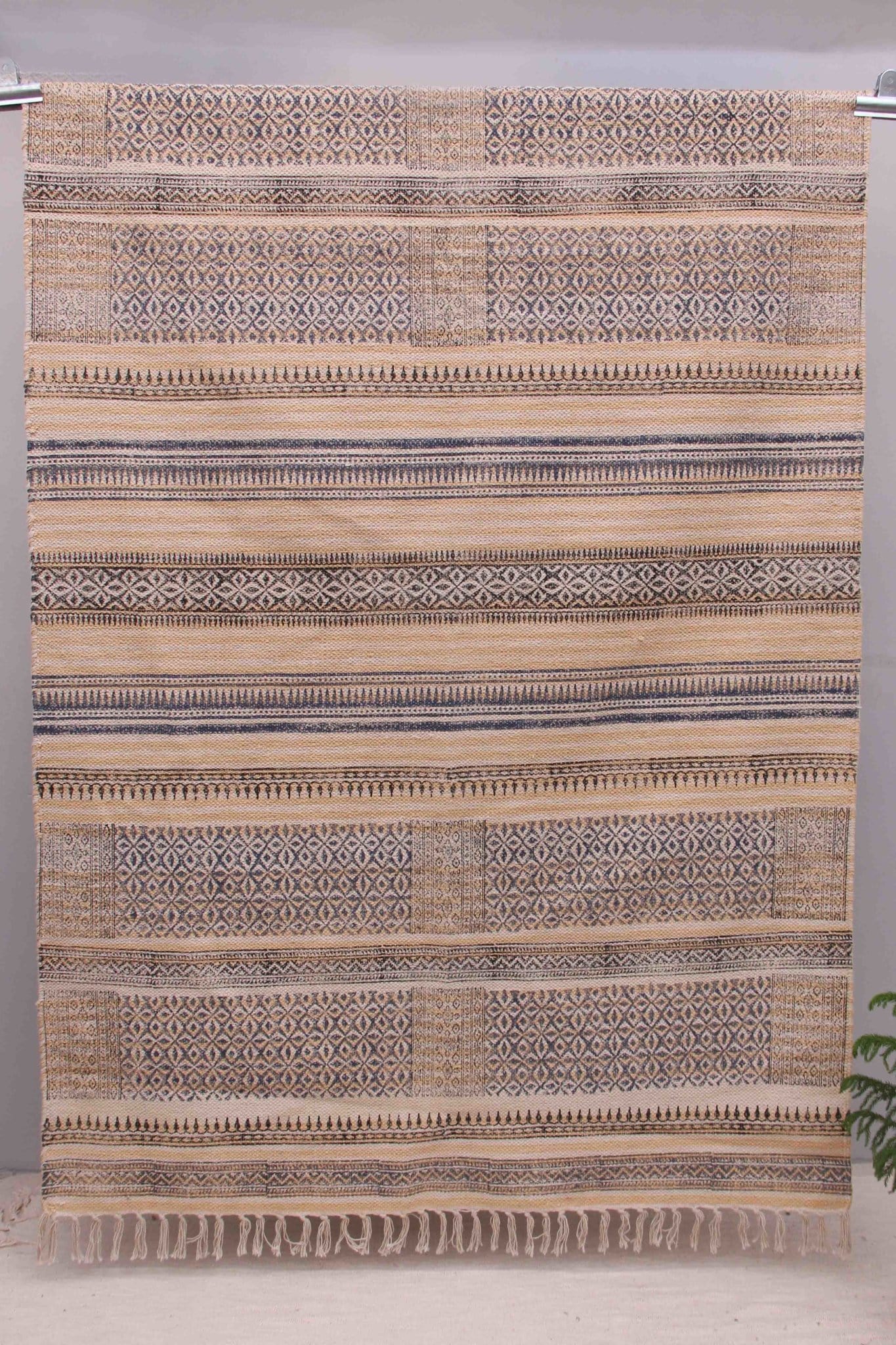 Block-Printed Cotton Dhurrie Rug in Beige Modern — Art Avenue