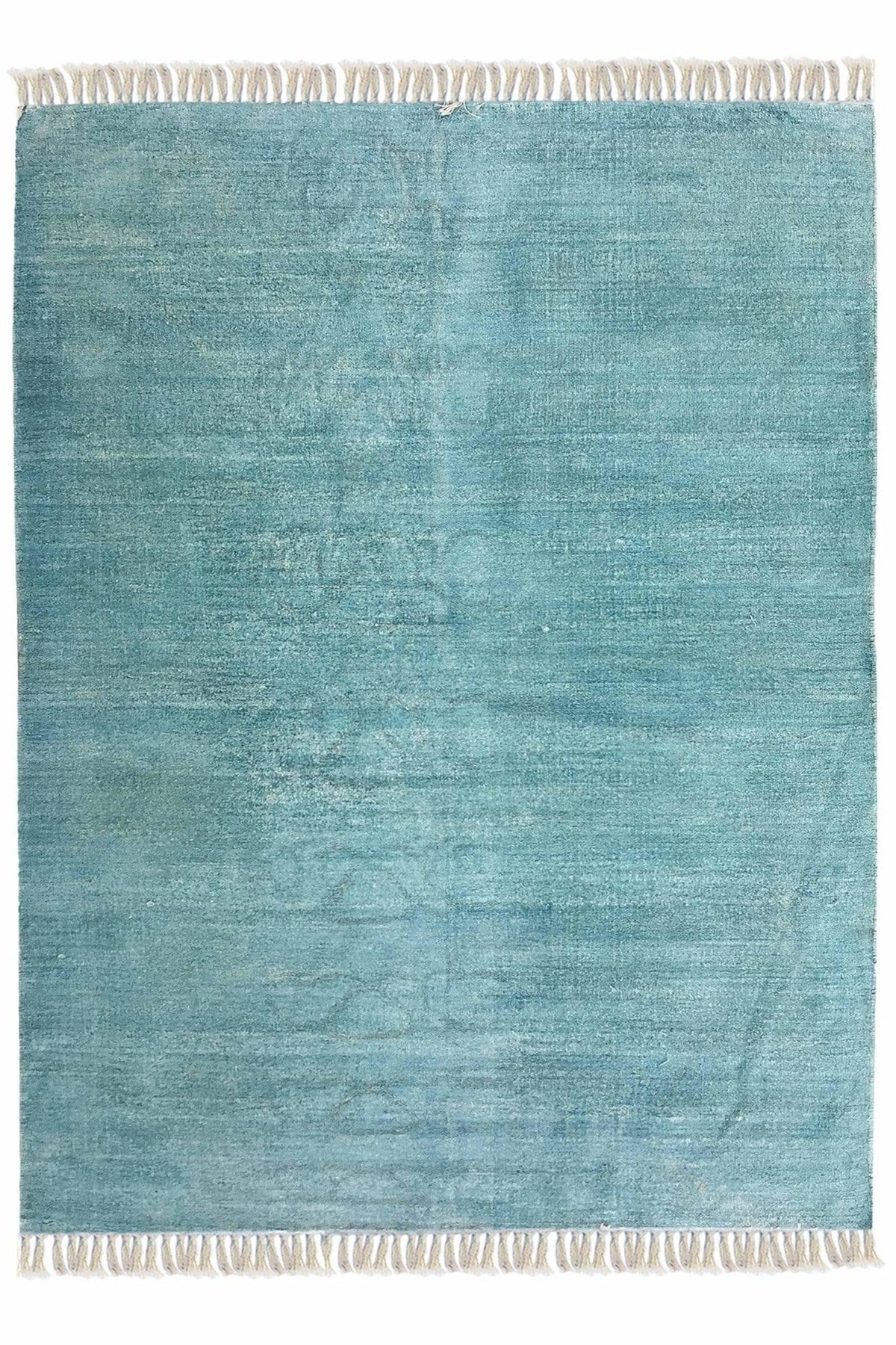 Block-Printed Cotton Dhurrie Rug in Aqua Solid — Art Avenue