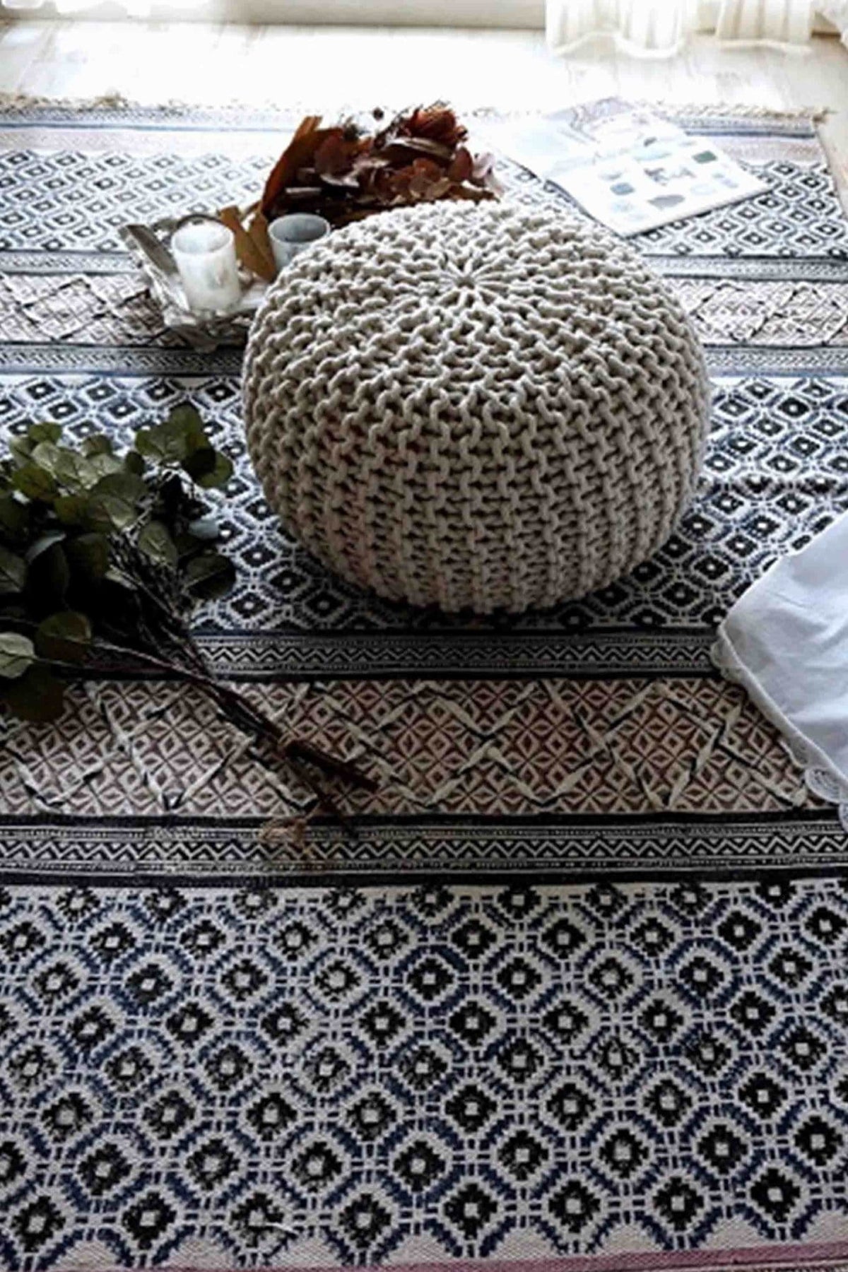 SHIBUYA - BLOCK PRINTED RUG - BLUE & PINK - ART AVENUE