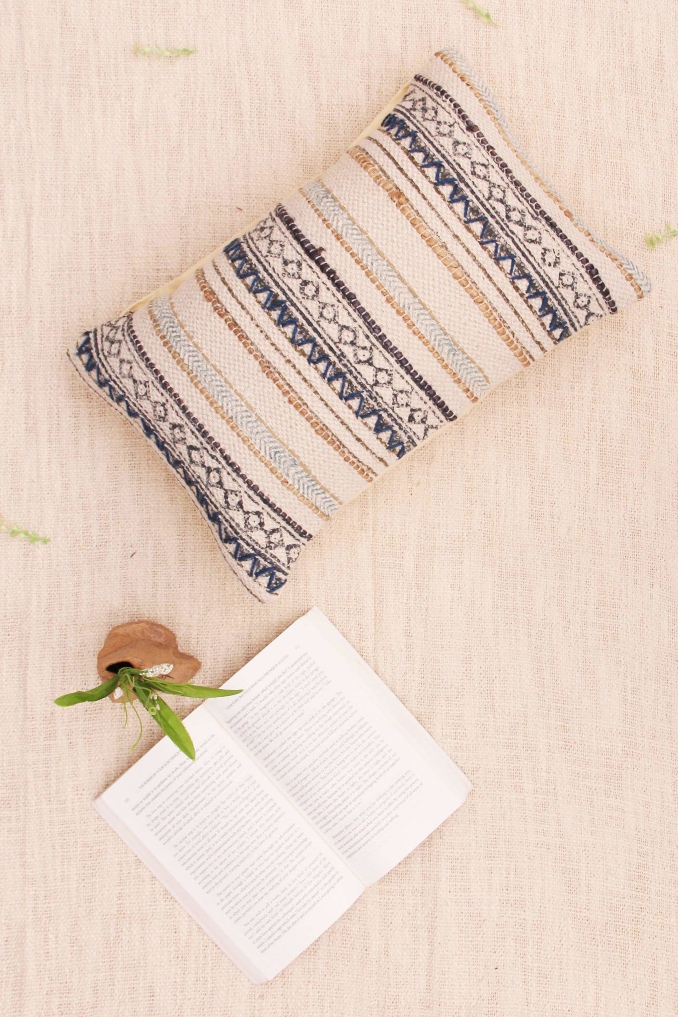 Detail of block-print embroidery on off white lumbar cushion cover — Art Avenue