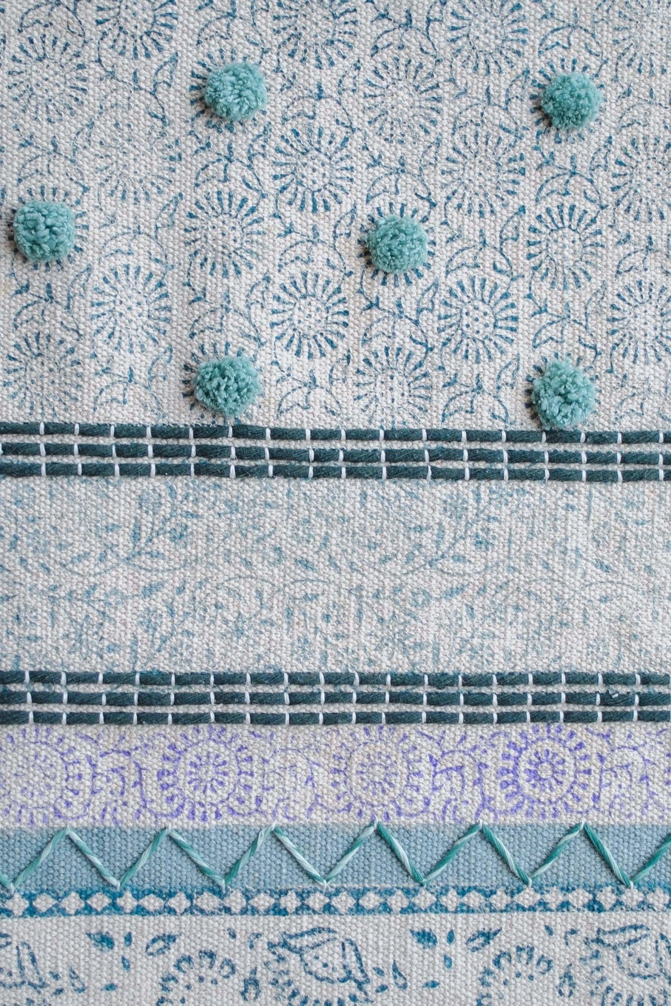 Detail of block-print on aqua dhurrie rug — Art Avenue