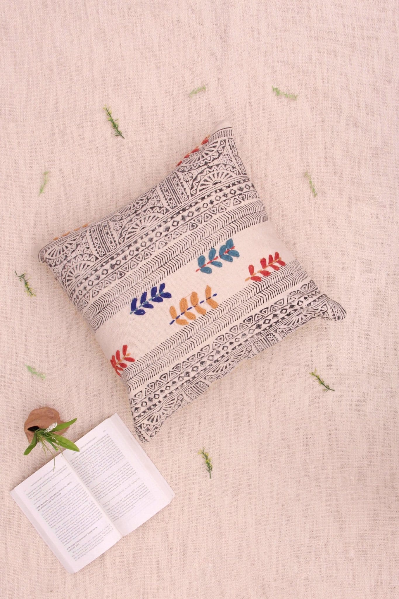 Stem Block-Printed Square Cushion Cover — Off White — Art Avenue