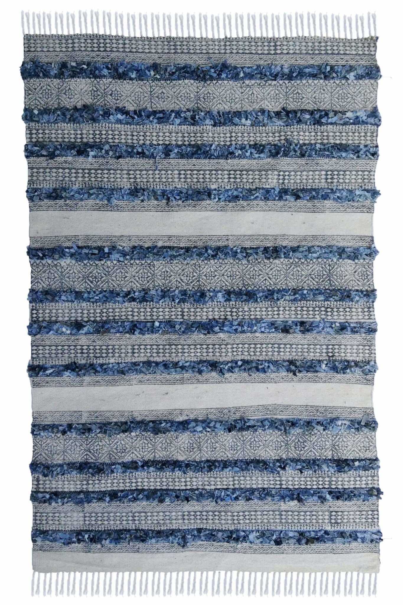 Modish denim shaggy block-printed rug in blue — Art Avenue