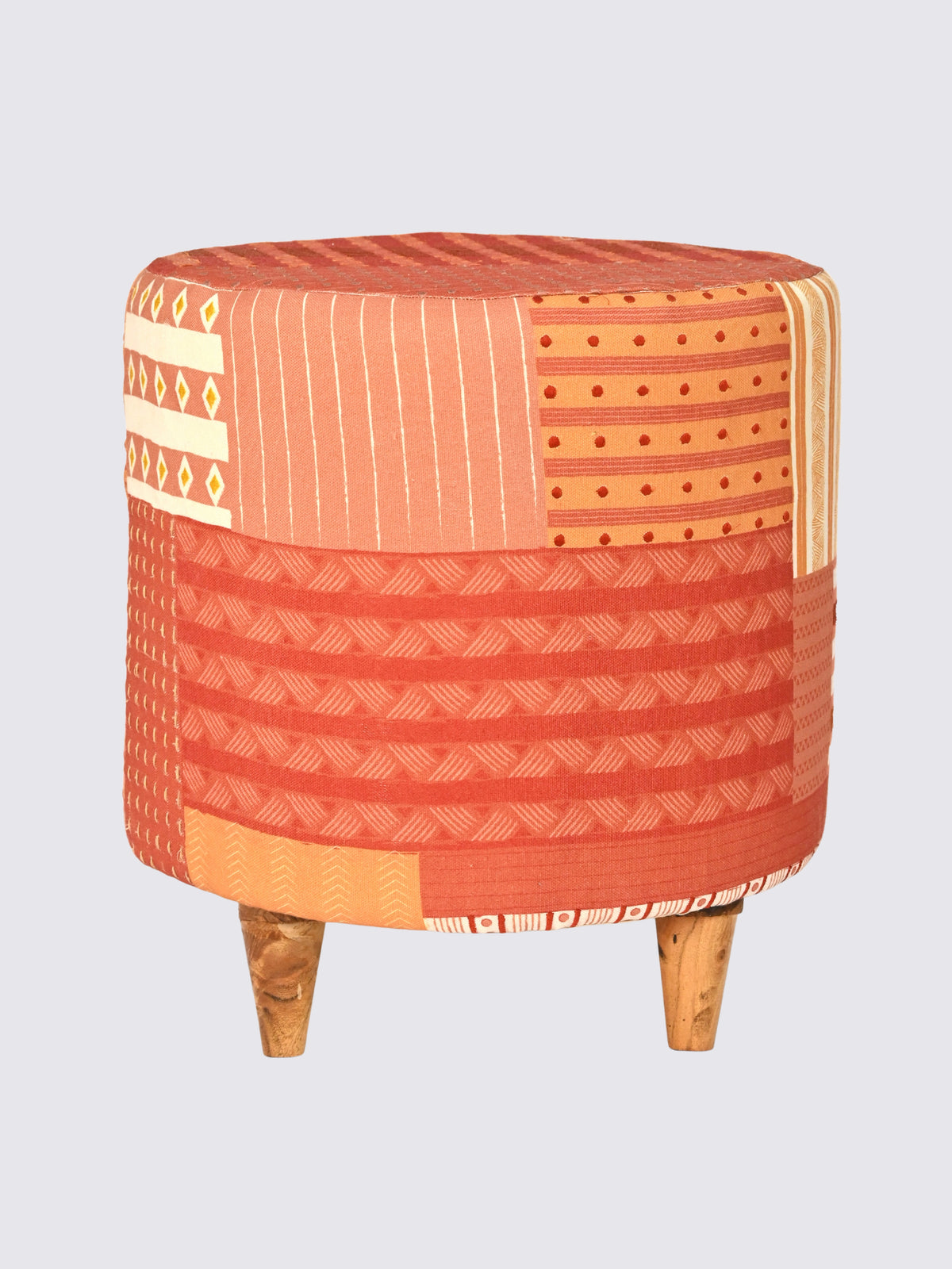 Side view of kilim cylindrical ottoman in brown — Art Avenue