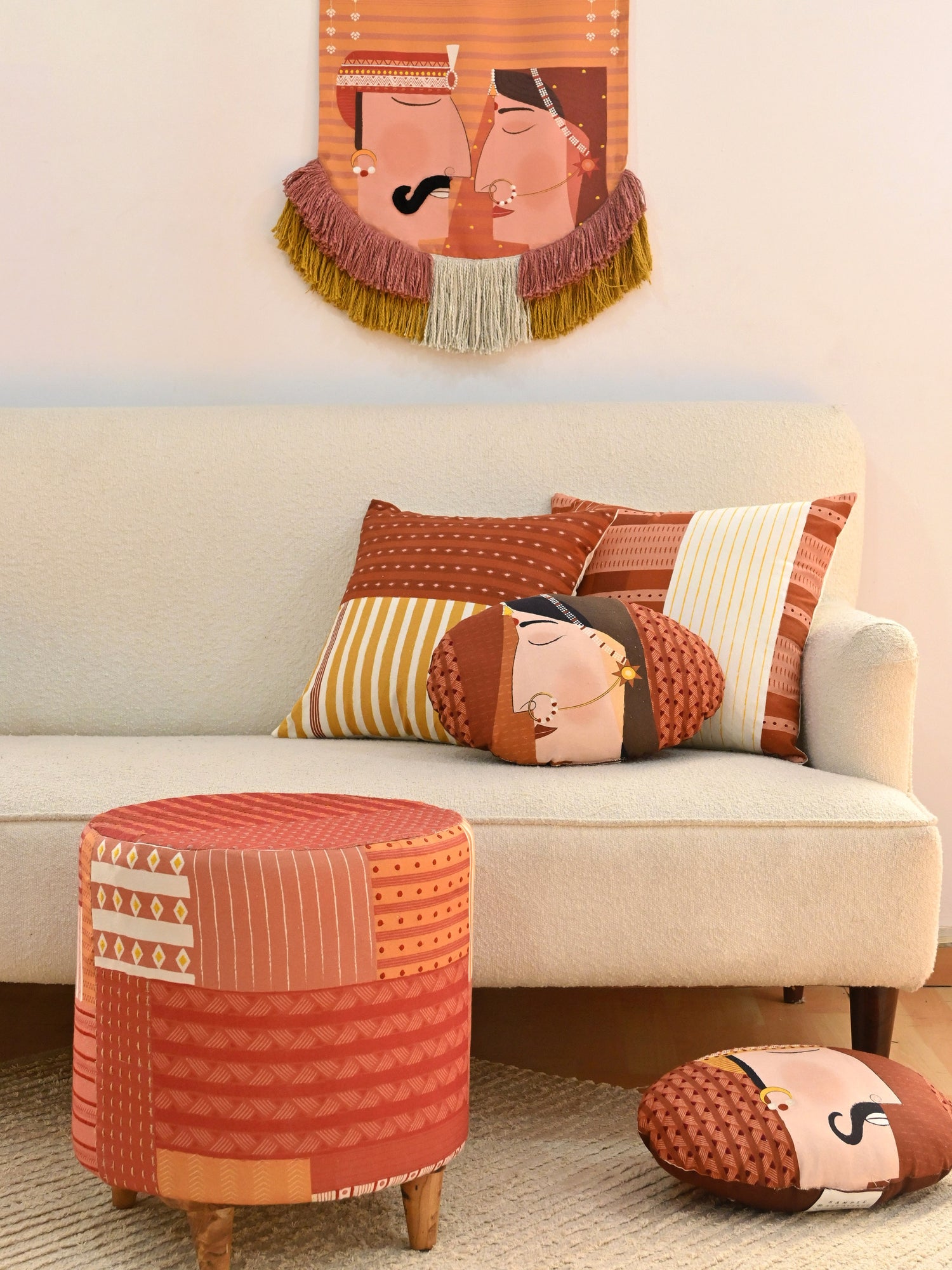 Kilim-Upholstered Cylindrical Ottoman in Brown — Art Avenue