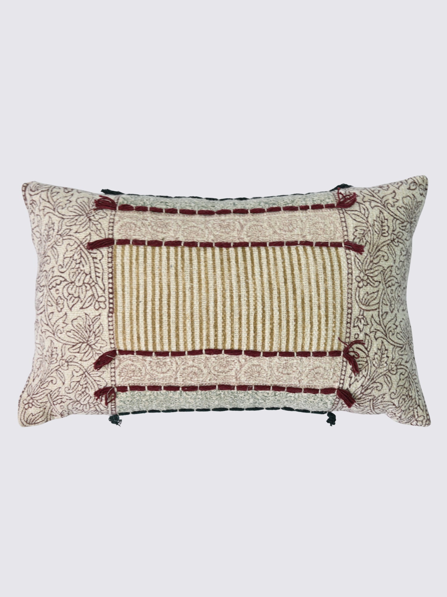 Gulzar Block-Printed Embroidered Lumbar Cushion Cover