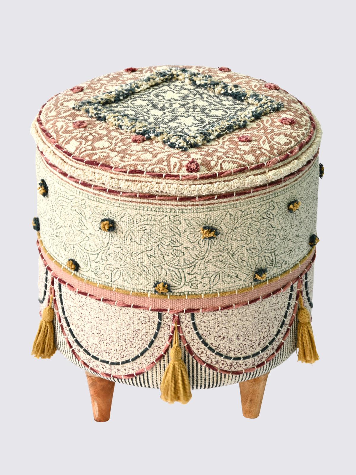 Side view of kilim cylindrical ottoman in brown — Art Avenue